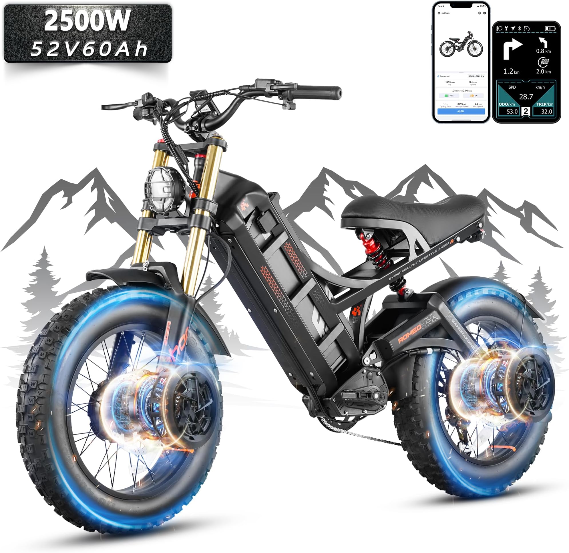 2026 eAhora Romeo Pro 3/2 50-46 Mph Electric Bike for Adults, 5600W/4000W/2500W Dual Motor Ebike 60V 80Ah/52V 70Ah Battery 200 Miles Long Range, 26*4.0"/20*4.5" Fat Tire, Full Suspension, All Terrain