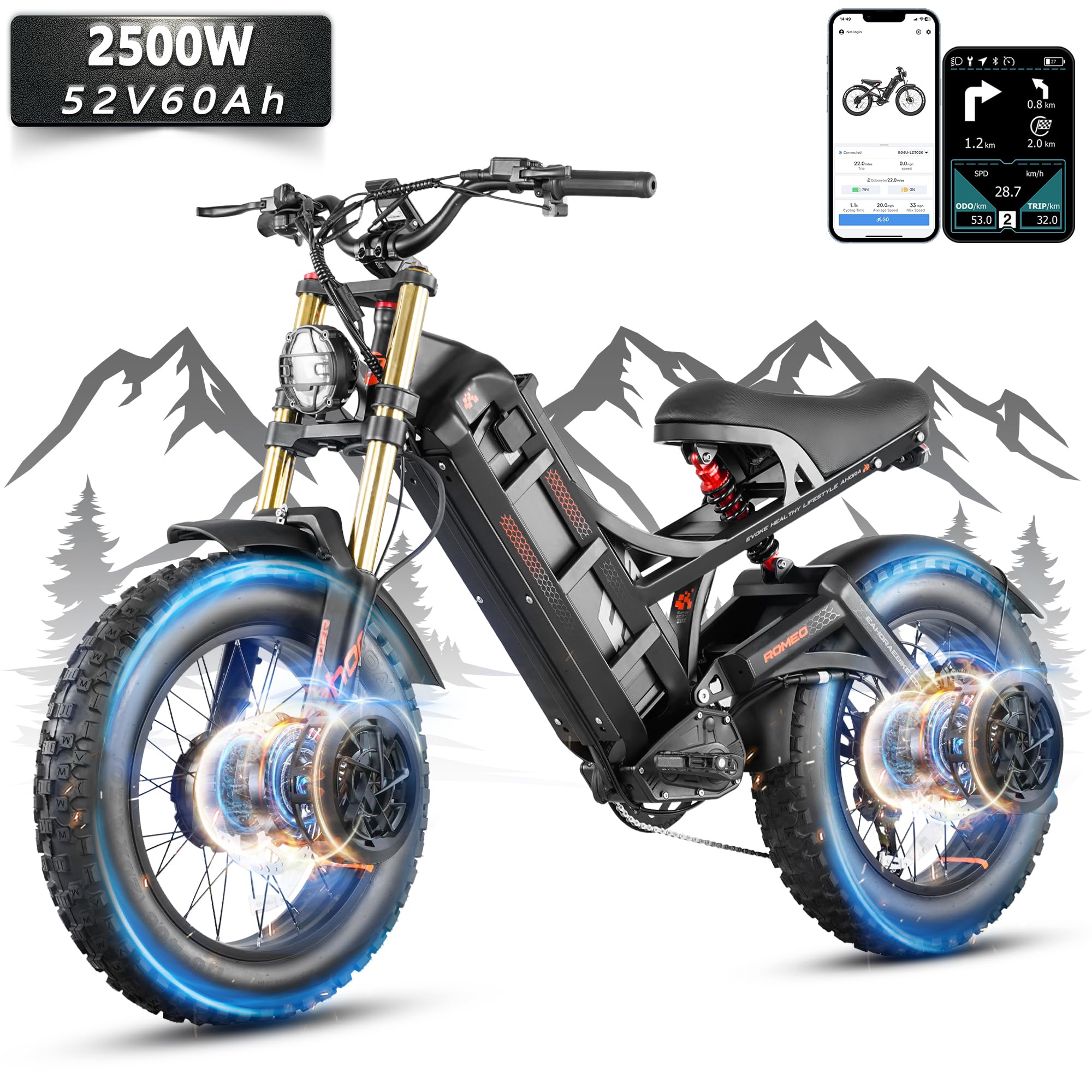 eAhora 2025 Romeo Pro 2/3 46-50Mph Electric Bike for Adults, 4000W/5600W Dual Motor Ebike, 52V 70Ah/60V 80Ah 200+Miles Long Range E Bike, 26 * 4.0" Fat Tire, Full Suspension, All Terrain, APP Control