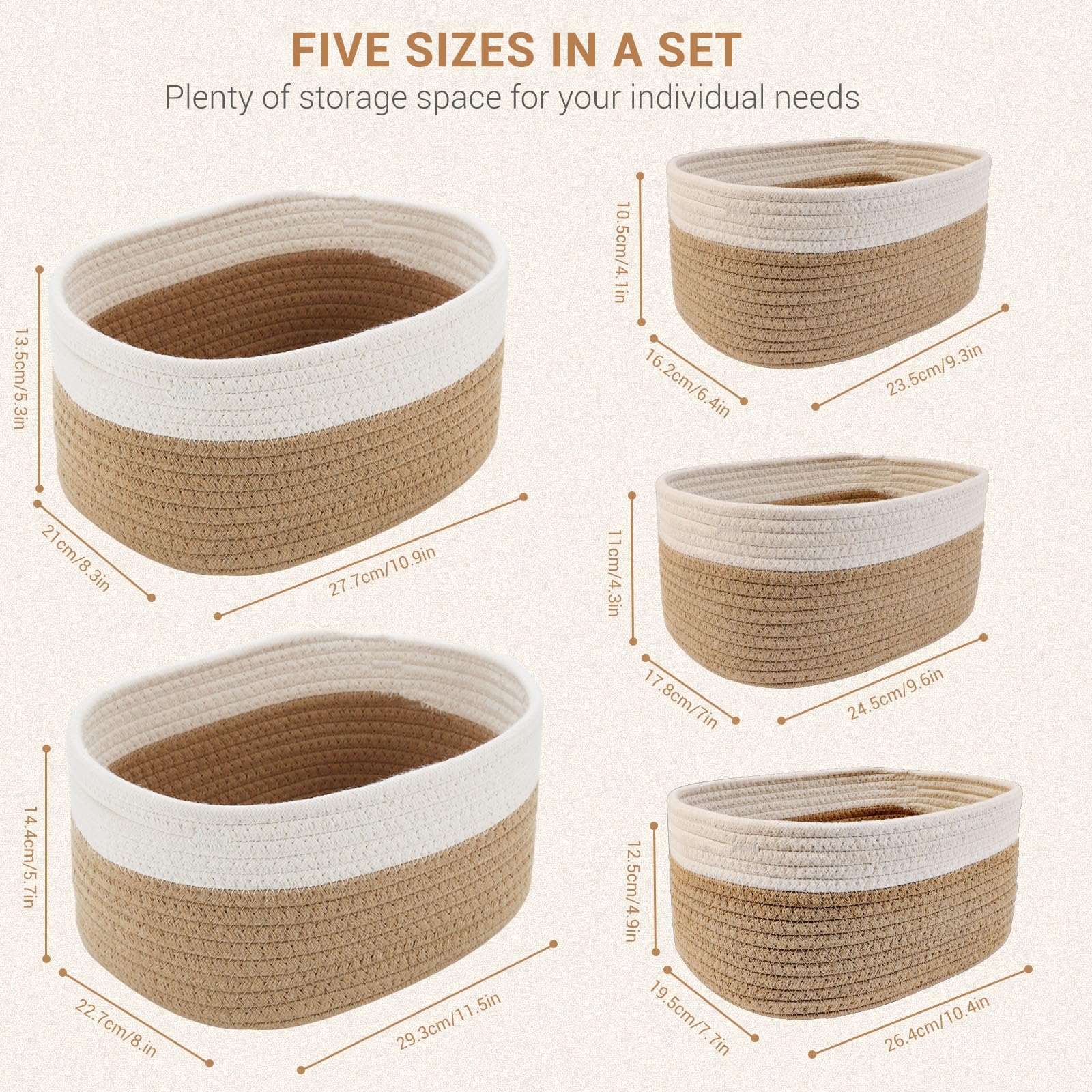 Lannvan Panier Rangement,Lot de 5 Panier de Rangement Tressés en Coton,Corbeille Rangement pour Salle de Bain,Cuisine,Organisateur Table a Langer Bebe,Décoration Boite de Rangement pour Bébé,Enfant