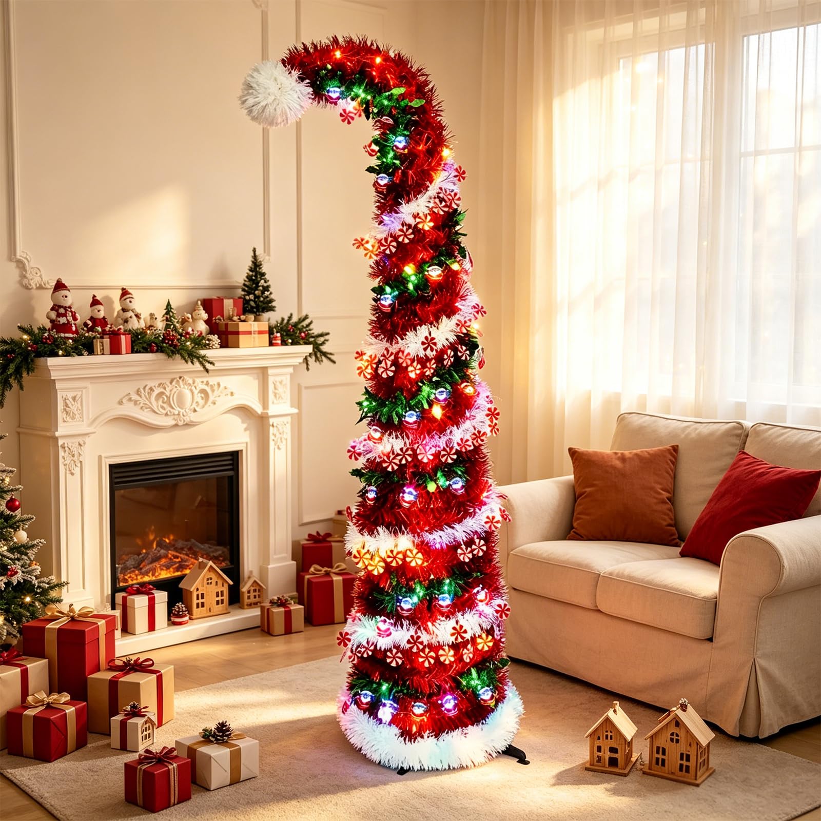 Faltbarer Künstlicher Weihnachtsbaum 150cm mit Beleuchtung, Pop Up Schmal Weihnachtsbaum mit 50 LED und Sternspitze, PVC Lametta Bleistift Tannenbaum Weihnachtsdekoration (Rot 2)
