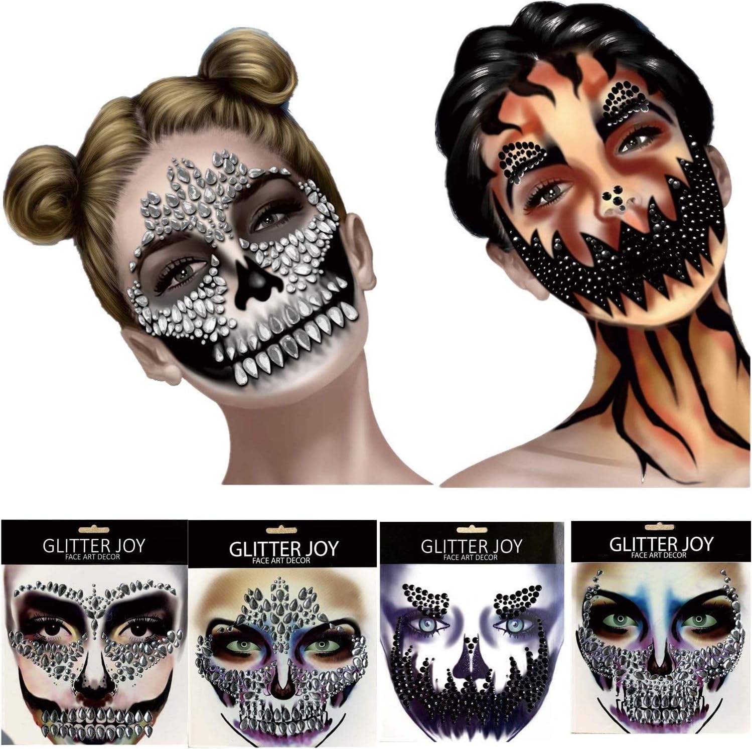 4 Pack Full Face Gems Jewels Temporary Face Tattoos Rhinestone Face Jewels Tattoo Stickers Crystals Body Gems Stick on Face for Halloween Festival Rave Party Outfit