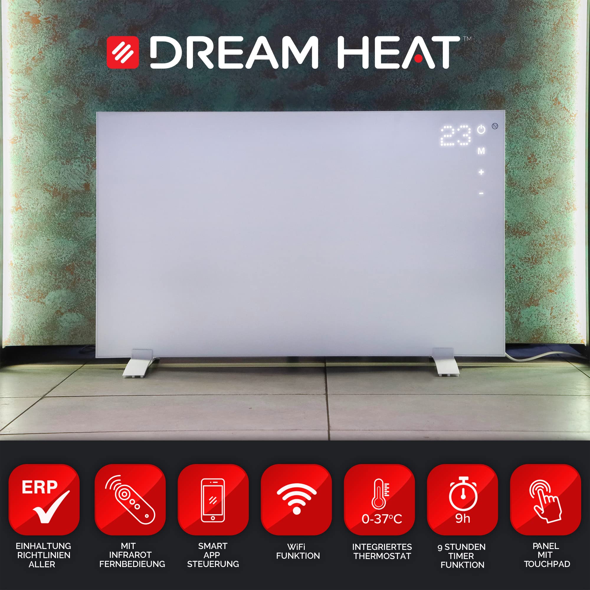 DREAM HEAT Ogrzewanie na podczerwień 720 W z panelem dotykowym, energooszczędne, pilot zdalnego sterowania, WiFi, sterowanie za pomocą aplikacji, funkcja timera, ogrzewanie elektryczne, promiennik,