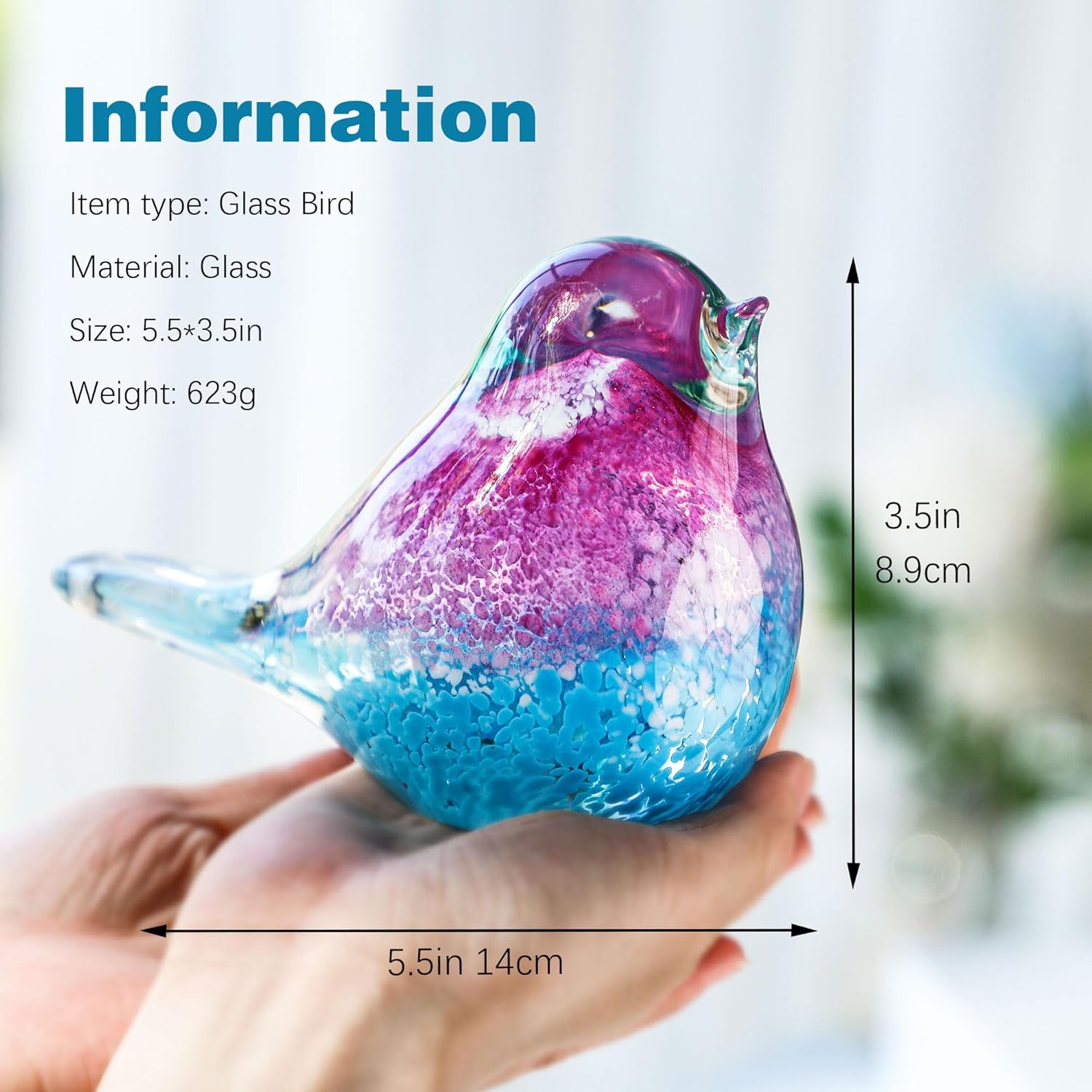 5.5" Hand Blown Glass Blue Bird Figurine Glass Pink and Blue Birds of Happiness Statue Crystal Animal Sculpture Decorative Ornaments for Home Decoration,Birthday Present,Women Gift for Christmas - Image 6