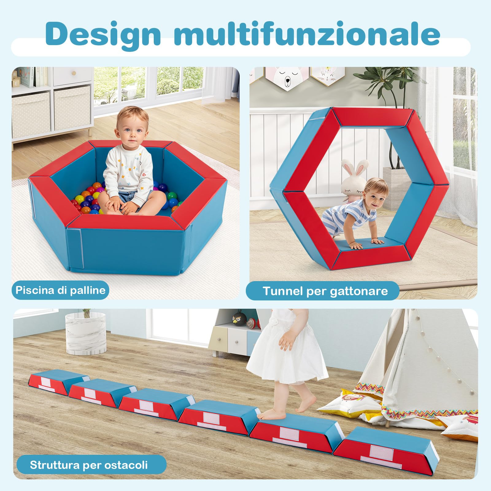 COSTWAY Set di 3 Blocchi da Arrampicata in Schiuma per Bambini, Set Gioco per Interni con Piscina di Palline, Triangolo, Scala e Palline Colorate per Bambini 1+ Anni