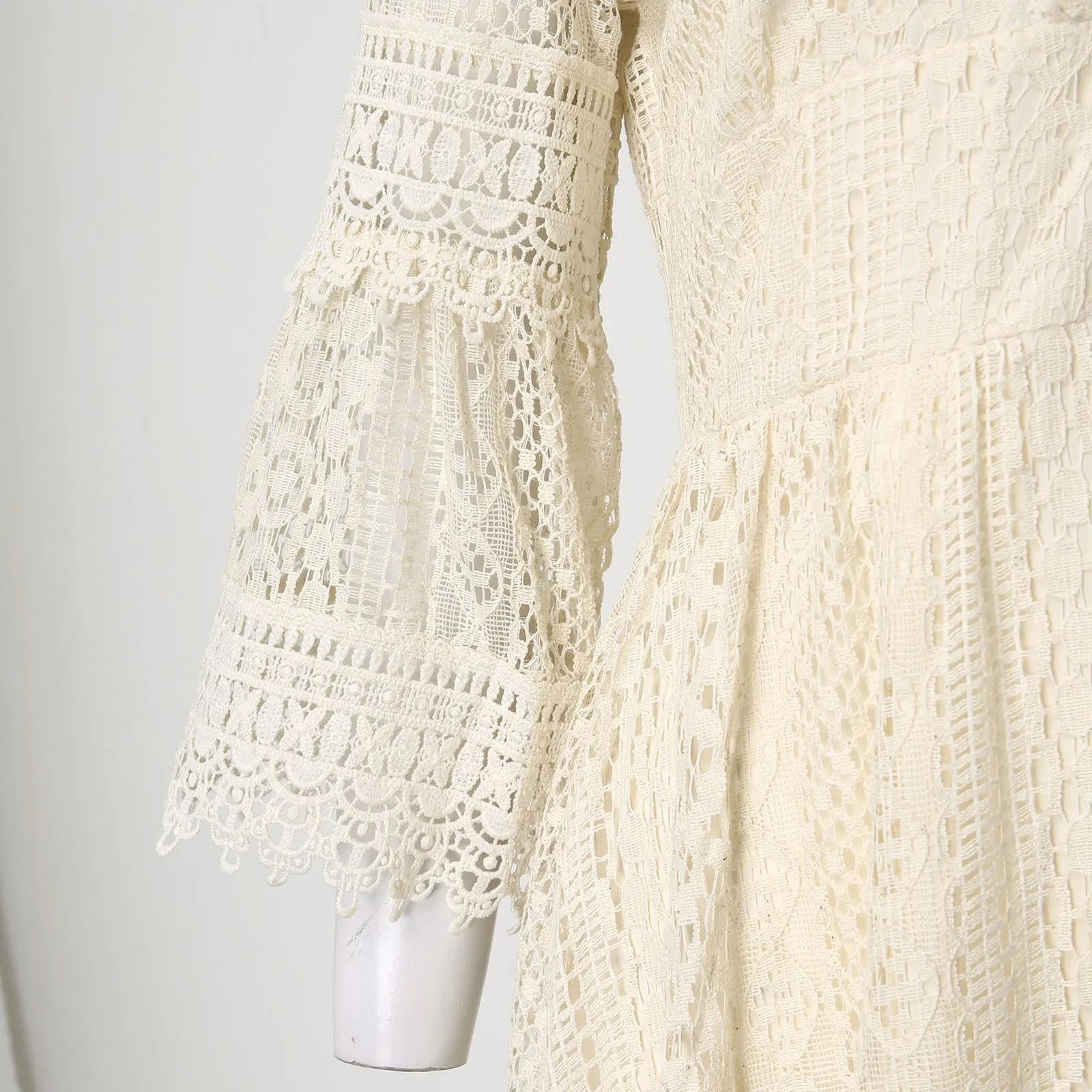 TEidea Sukienki damskie Biała koronkowa sukienka, dekolt w serek Hollow Lace Wave Sleeve Style, białe sukienki, retro styl plażowy