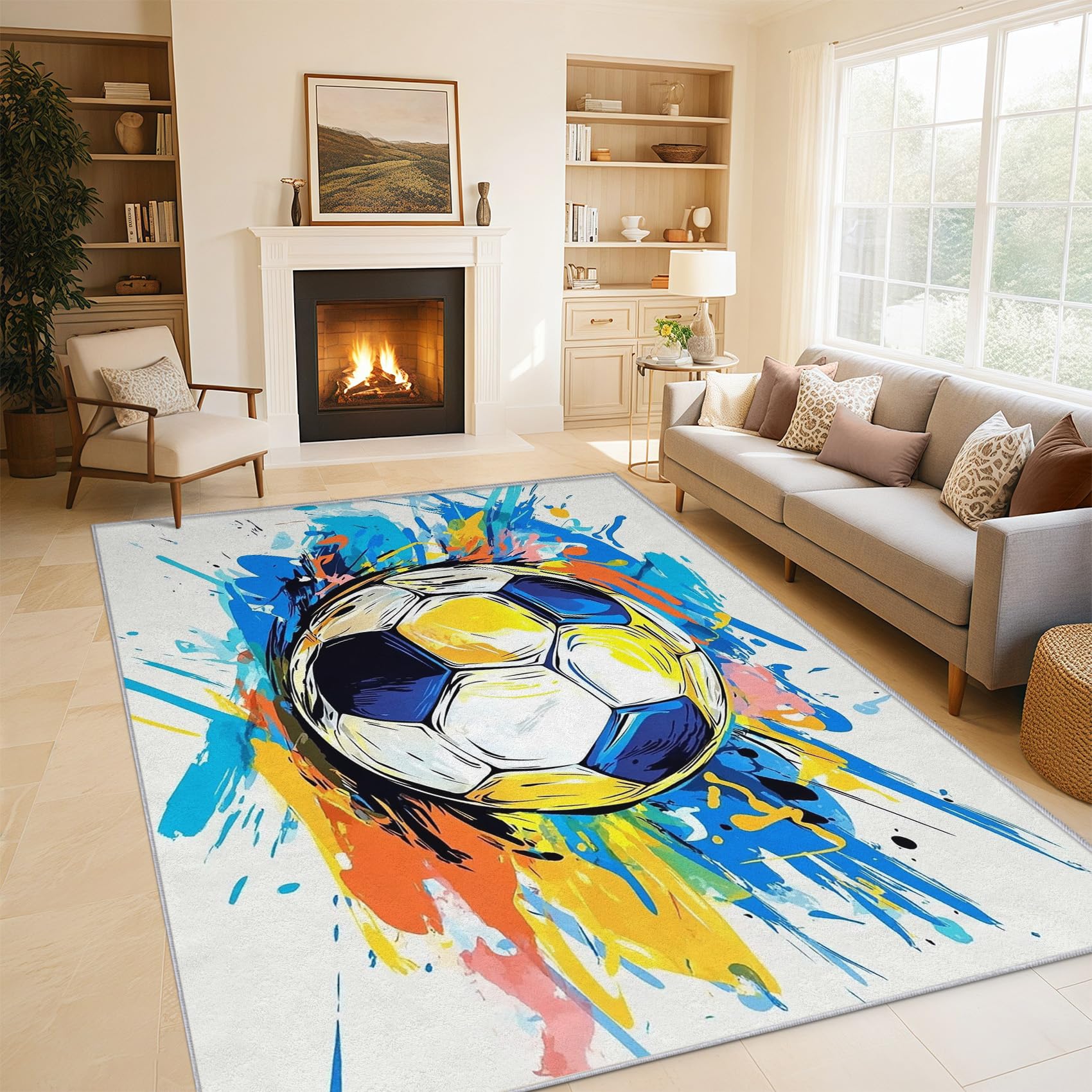 Générique Tapis Salon Football, Tapis Chambre Graffiti Coloré Foot, Doux Flanelle Poil Court 60x110 cm - Lavable Antidérapant Paillasson H-31
