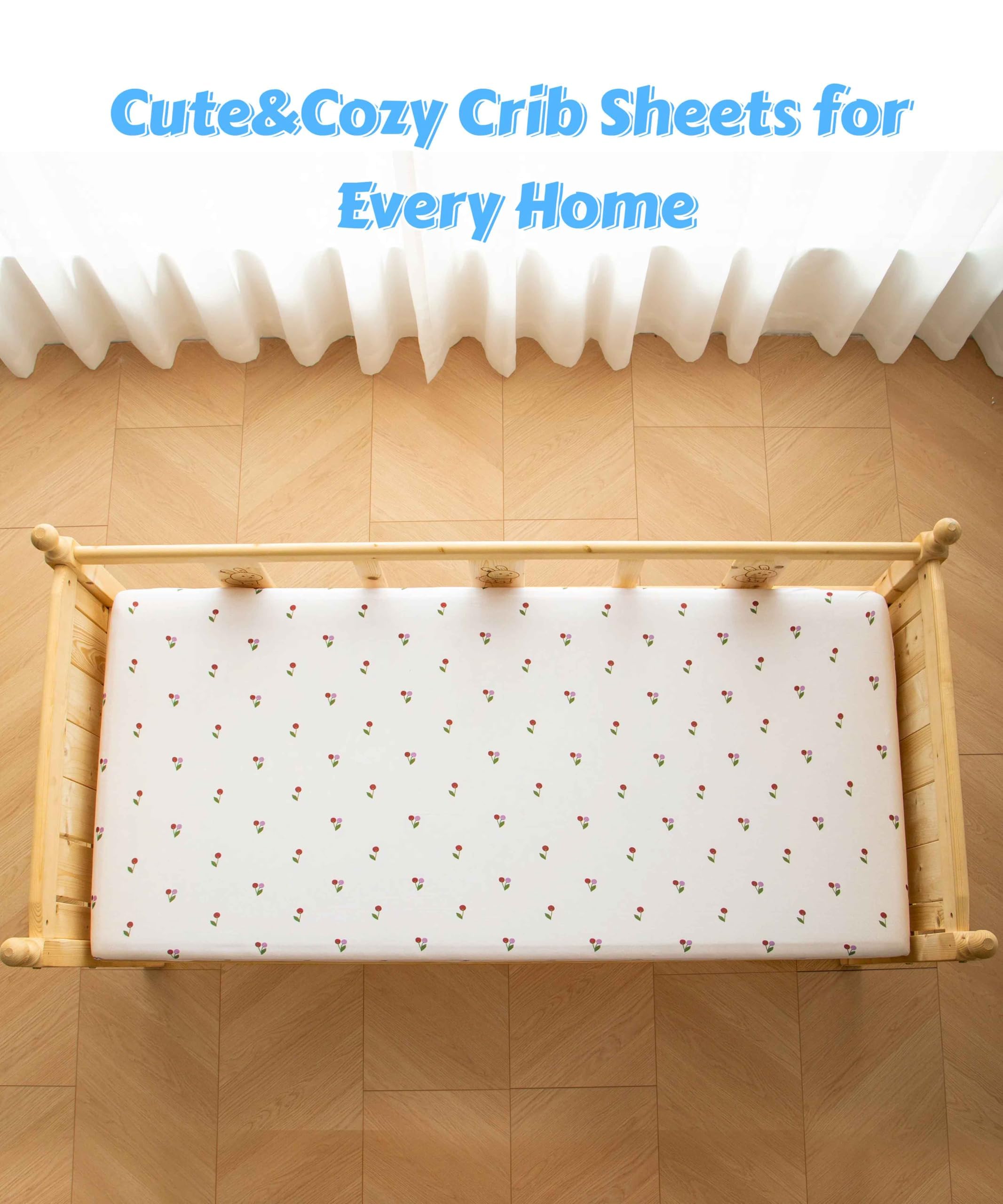 SDY Paquete de 2 sábanas para cuna para niños y niñas, sábana bajera ajustable de jersey suave, bonita sábana de colchón estampada para cuna de 52 x 28 x 8 pulgadas (cereza)