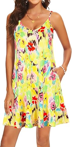 AM CLOTHES Vestidos casuales de verano para mujer, salida de playa, mini vestido de verano con tirantes delgados, cuello en V y bolsillos