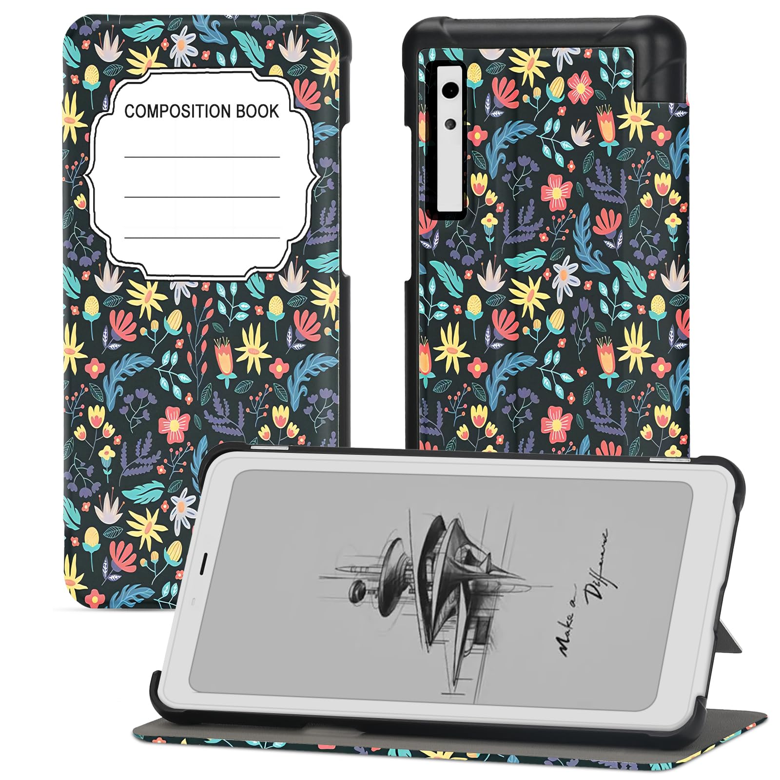 Case for Onyx BOOX Palma 6.13" - Lightweight PU Leather, Water-Safe, Foldable Protective Cover - Flower Book Pattern