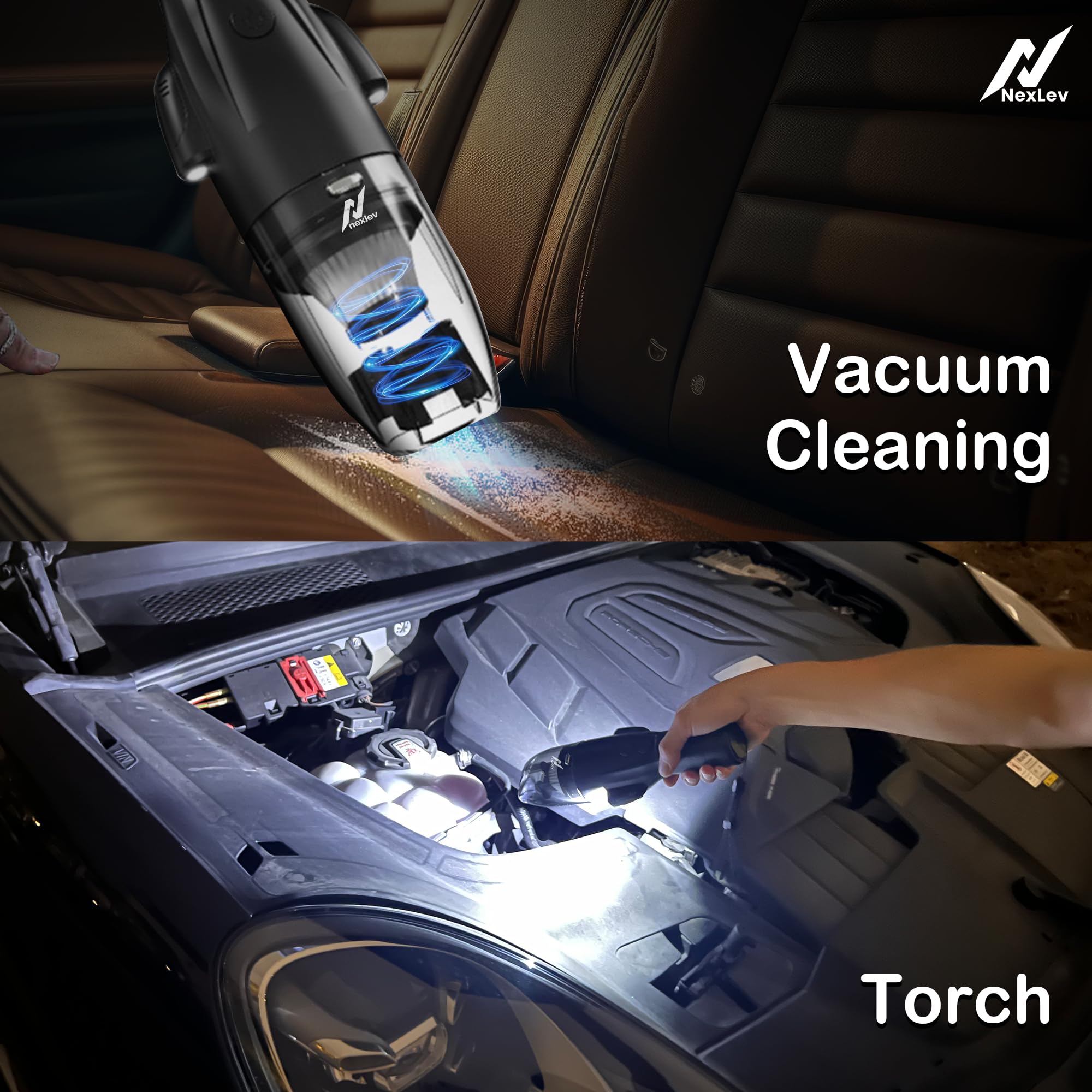 nexlev Vacuum Cleaner for Car Use | 4000 mAh High Power Suction Portable Car Vacuum Cleaner with Copper Motor, LED Torch, Seat Belt Cutter & Window Breaker Emergency Escape Tool, Type-C | VC-03 2