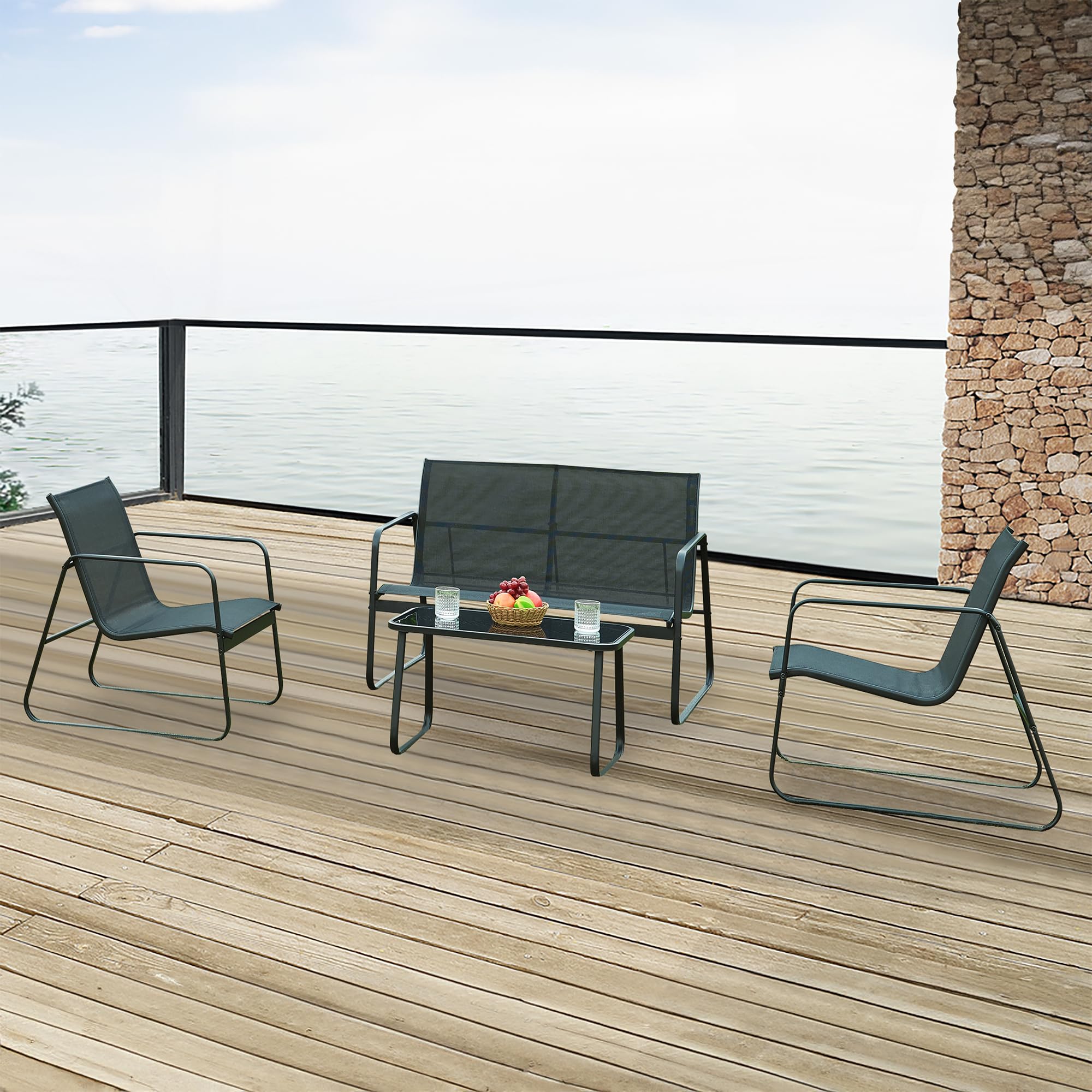 casa.​pro Set Salottino per Uso Esterno Mobili da Giardino Terrazza Set Composto di Tavolo con Piano in Vetro, Divano e 2 Sedie Arredo in Textilene - Nero