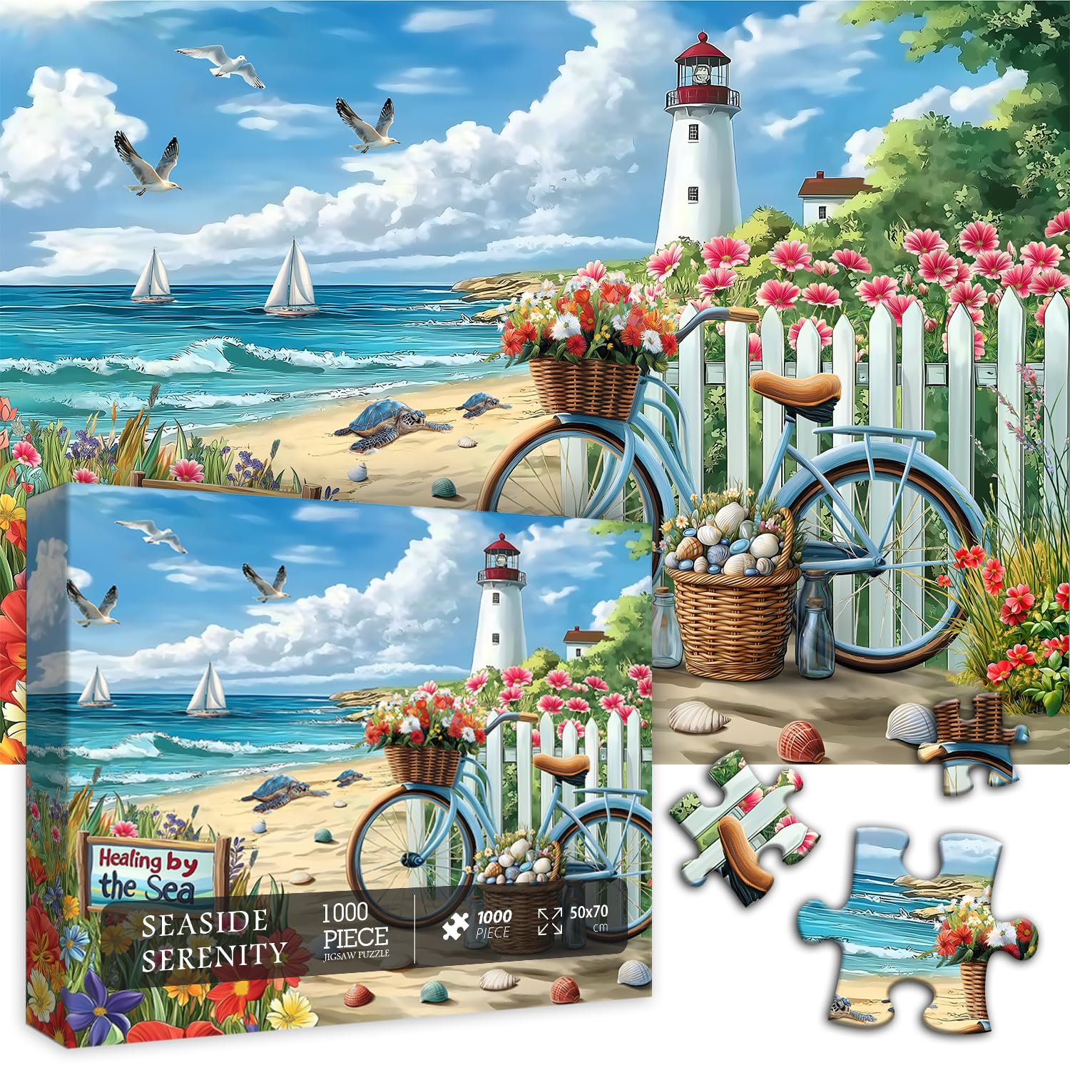 PICKFORU Beach Puzzles for Adults 1000 Pieces, Coastal Lighthouse Puzzle with Flowers Bike Sea Turtle, Nature Summer Ocean Jigsaw Puzzles, Seaside Scenery Challenge for Adults - Image 8