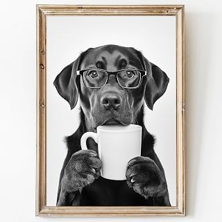 Black And White Dog Canvas Wall Art Animal Portrait Prints Dog Coffee Poster Black Dog Artwork Animals With Coffee Pictures Black Labrador Wall Art With Glasses Dog Portrait Painting 16x24in No Frame