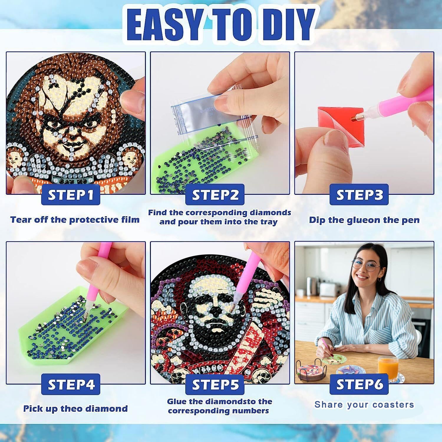 Lot De 8 Sous-verres De Peinture Diamant Pour Halloween, Films D