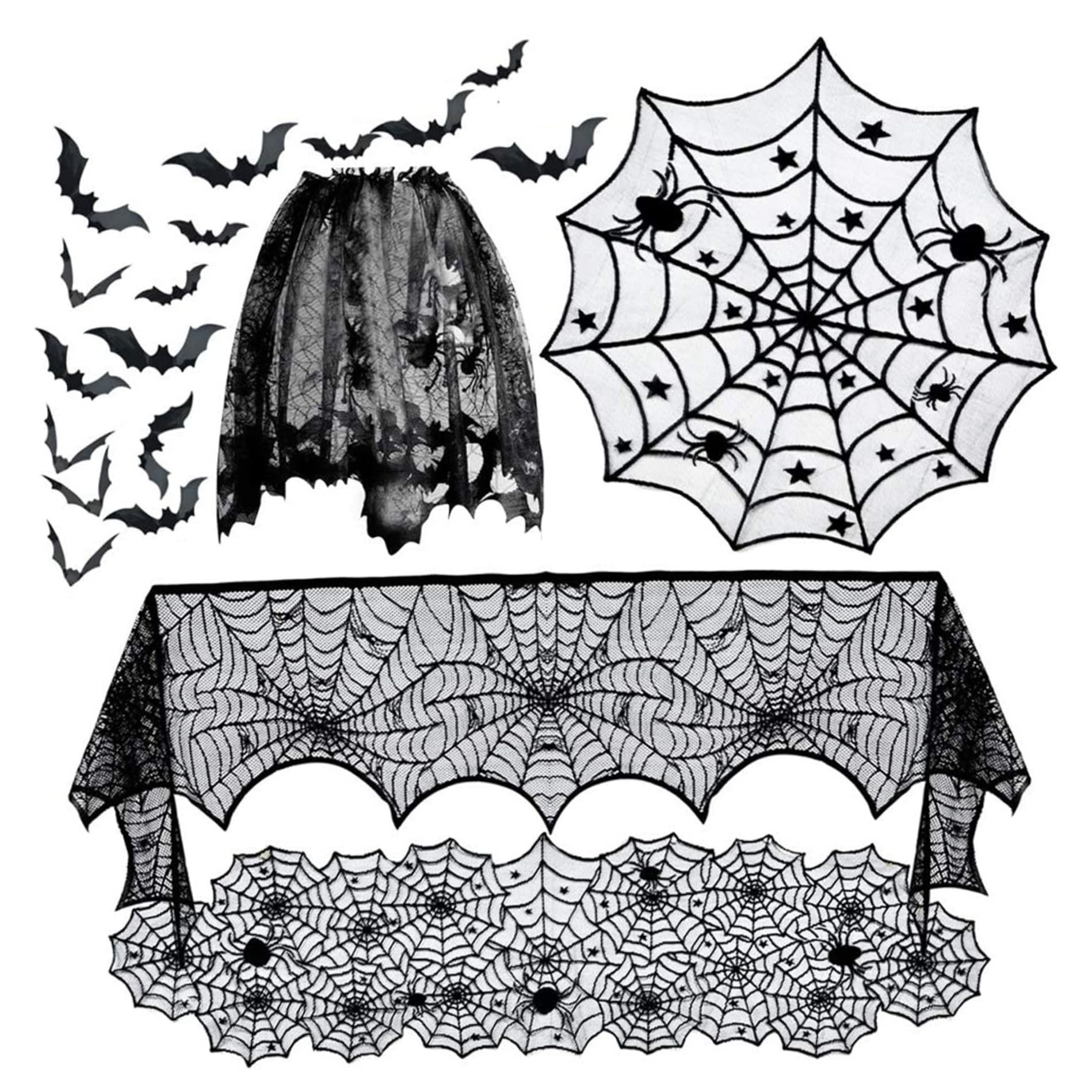 Vervevum 5 Pack Halloween Decorations Black Lace Tablecloth Table Runner Mantel Scarf Lampshade Wtih 16Pcs Scary 3D Bat Gothic Spiderweb Decor for Home Party, Halloween Mantel Scarf