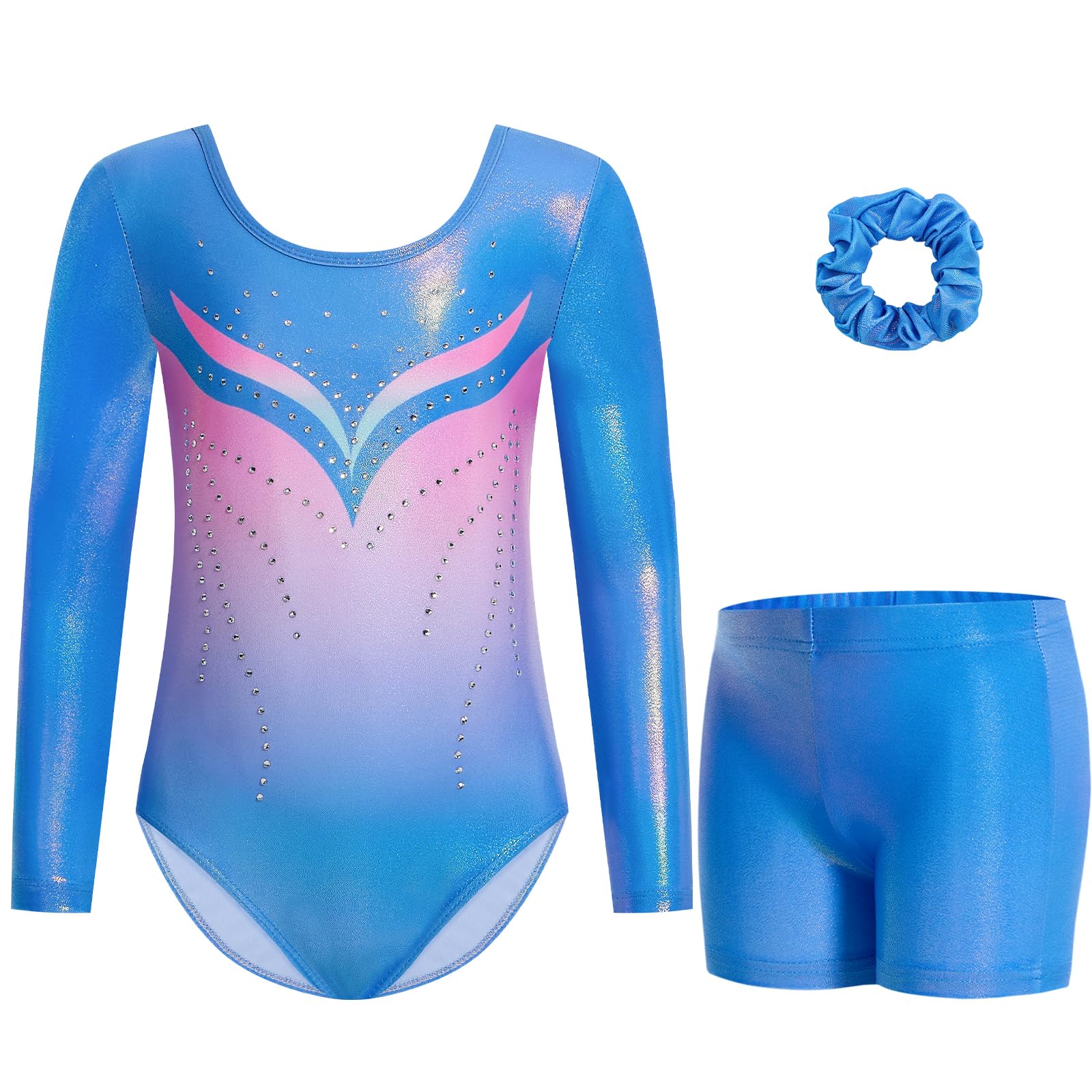 Gogokids Maillot de gimnasia de tres piezas para niña, de manga larga, con pantalones cortos y cinta para el pelo, ropa de gimnasia con diseño degradado para 3-12 años — view 9
