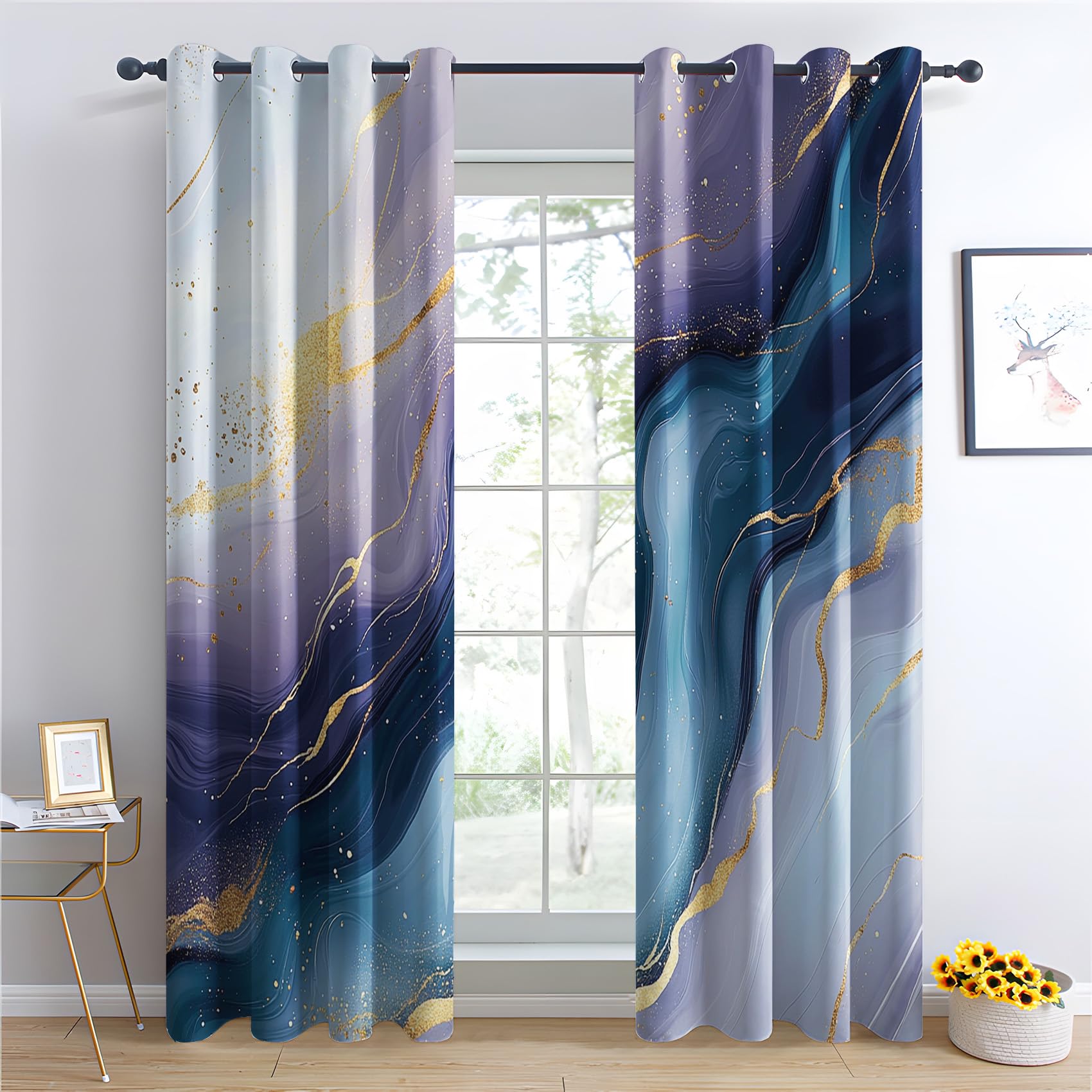 Venivici Abstract Marble Blackout Curtains for Bedroom Living Room - 72 Inch Drop Curtains Eyelet, Modern Luxury Patterned Window Treatments, Thermal Insulated Drapes 66x72 2 Panels