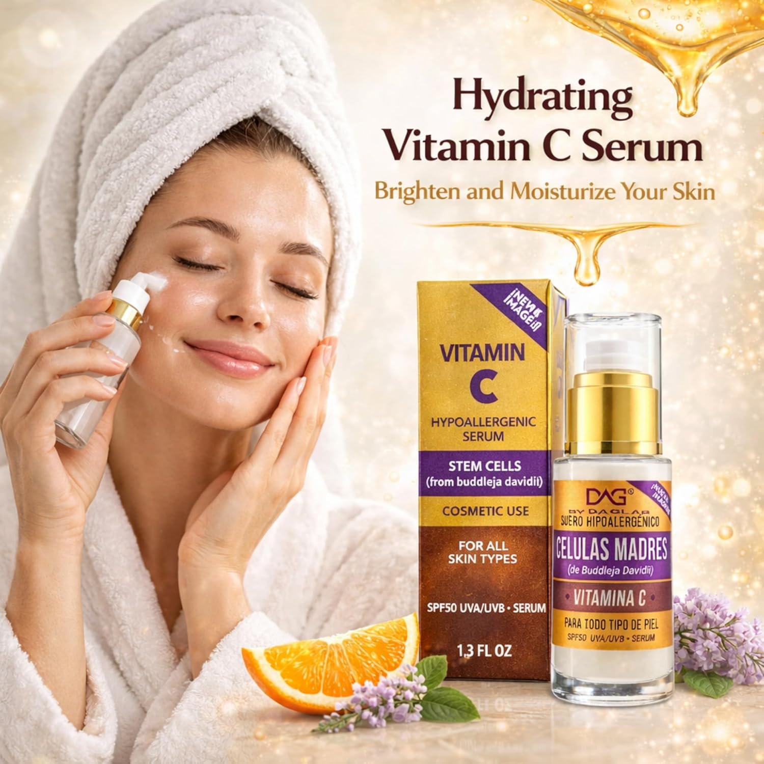 Hypoallergenic Serum with Stem Cells & Vitamin C - SPF 50, UVA/UVB Protection for All Skin Types