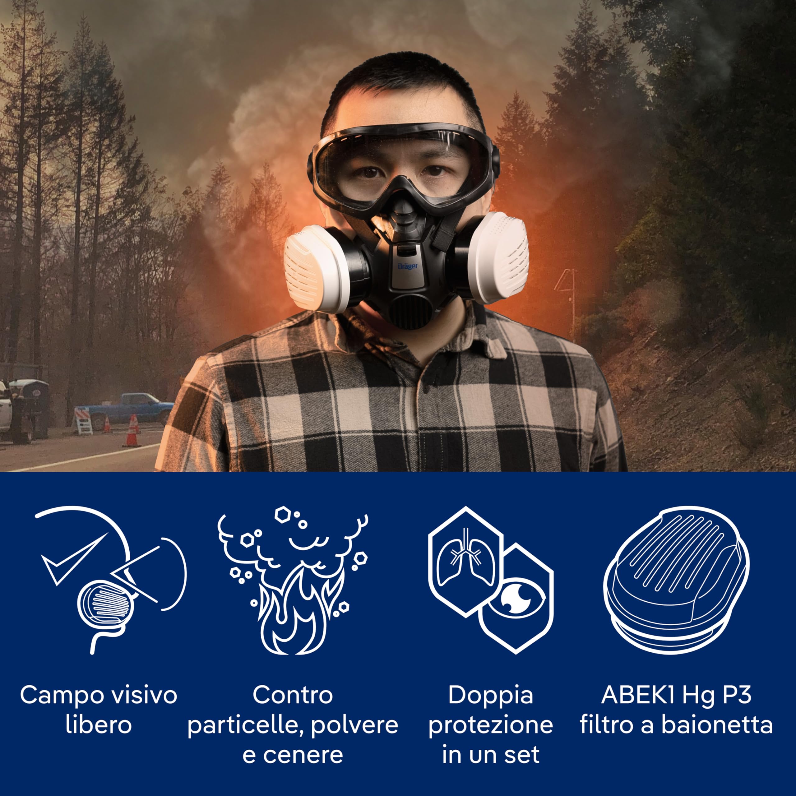 Dräger X-plore 3500 Kit di protezione respiratoria per incendi boschivi: Semimaschera + Filtro ABEK1Hg-P3 | Protezione da fumo e cenere durante gli incendi boschivi