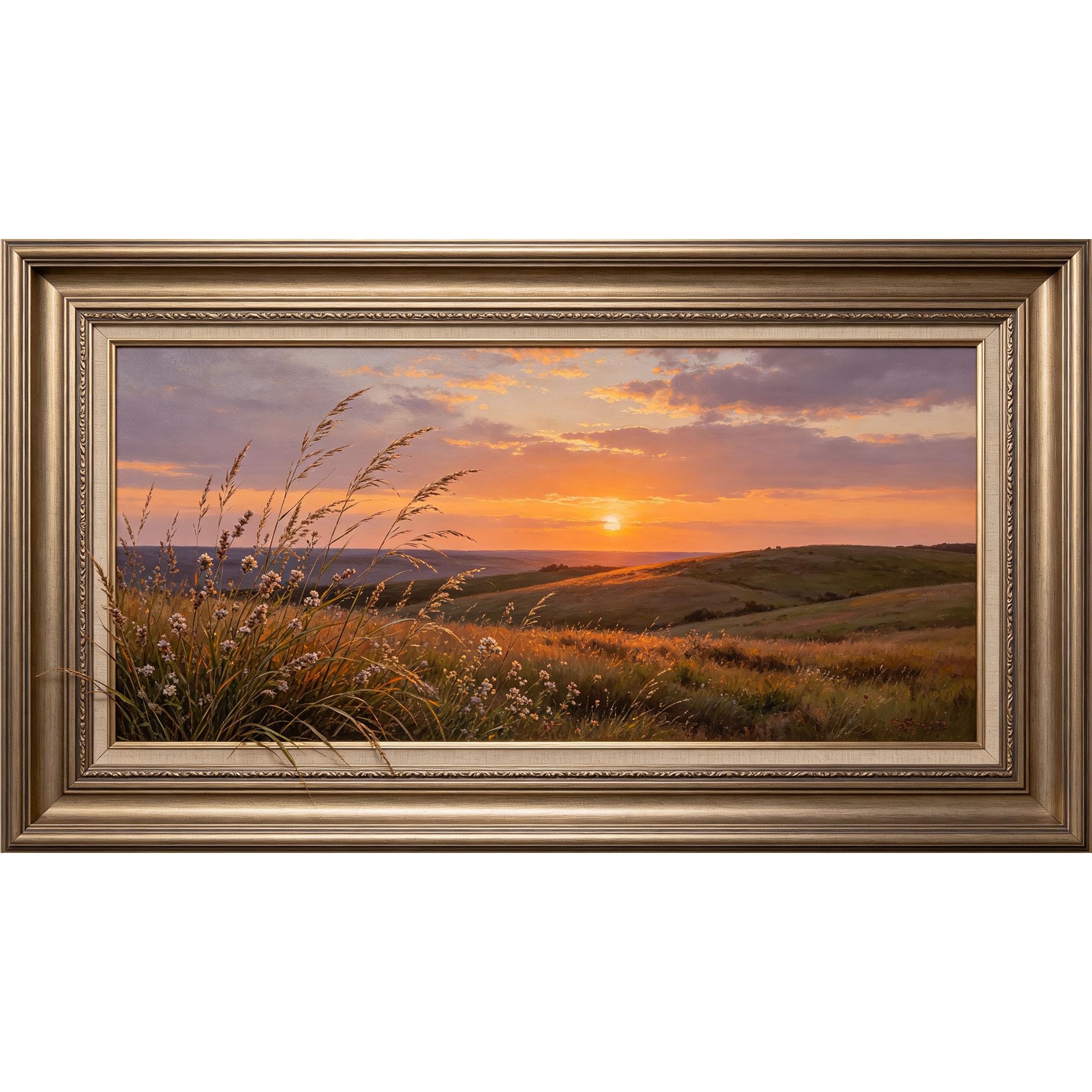 QZLITHOTIC 50×100cm 3D Framed Wall Art， Sunset Hills Landscape Self?Adhesive Mural， Water?Activated Peel & Stick Fabric Decor Wall Decal for Bedroom Living Room