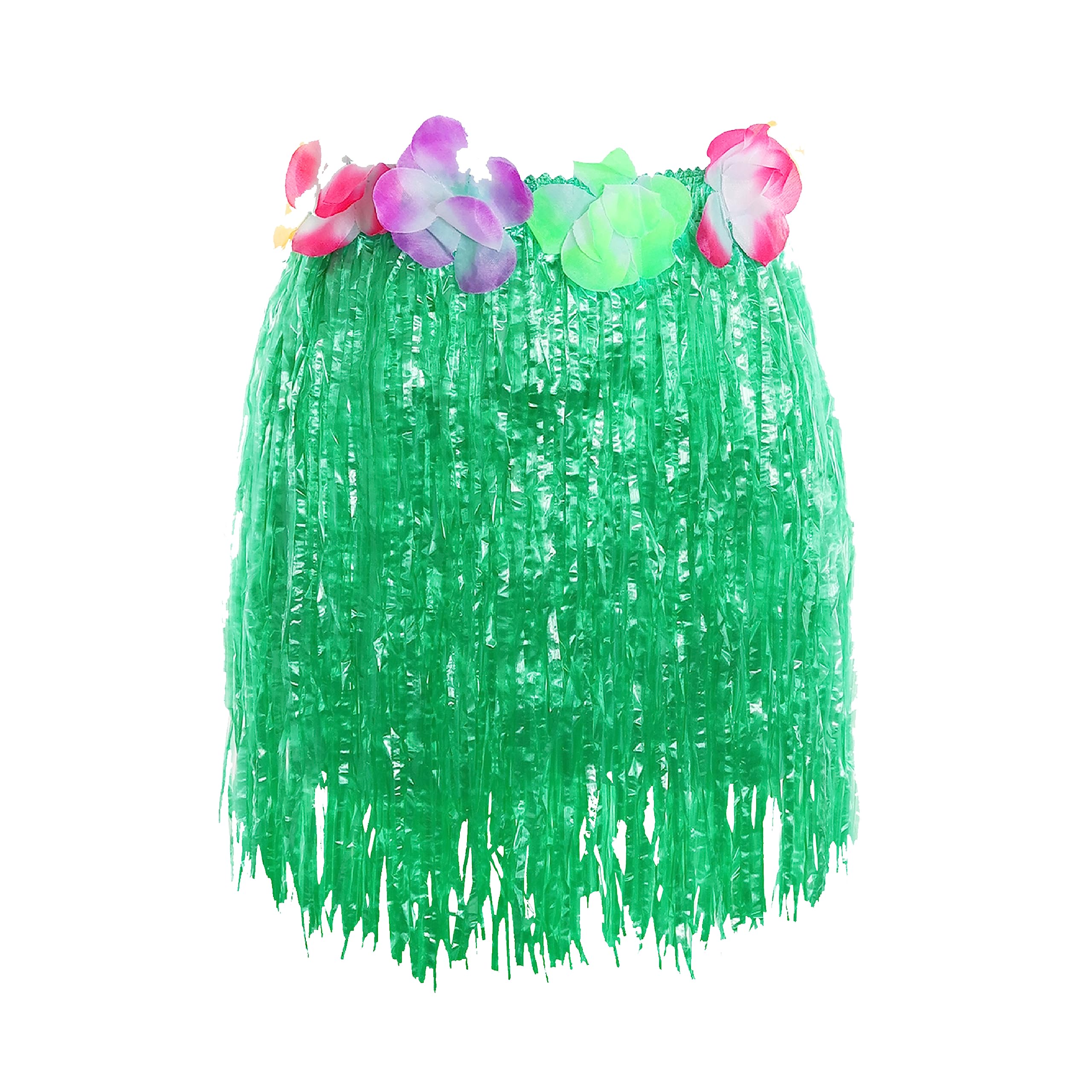 GREEN HAWAIIAN HULA SKIRT SHORT 40CM WITH FLOWERS LONG LUAU FANCY DRESS BEACH PARTY COSTUME (PACK OF 1)