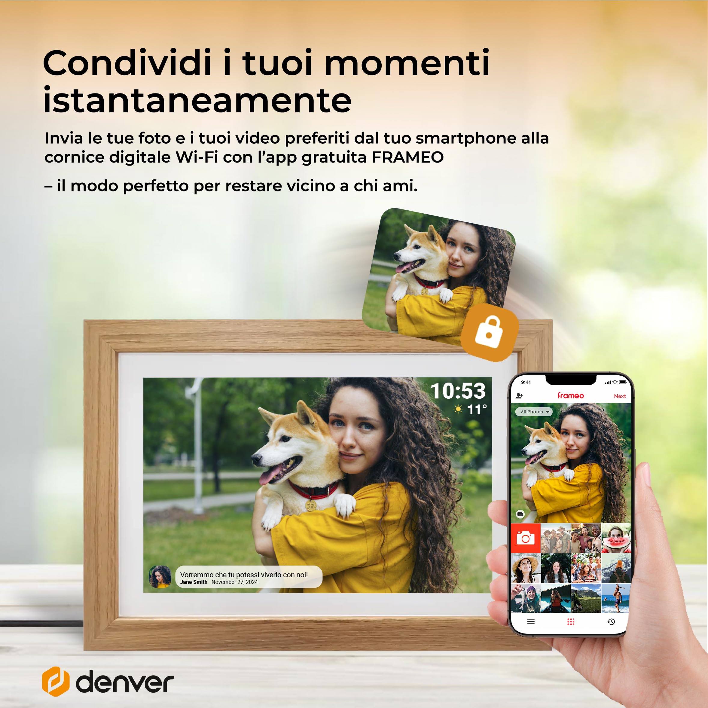 Cornice Digitale 10 Pollici WiFi – Schermo IPS HD 1280x800 – Portafoto Digitale Frameo Denver per Foto e Video – Cornice Elettronica Touchscreen Smart – 16GB Memoria – Slot microSD – Legno Chiaro