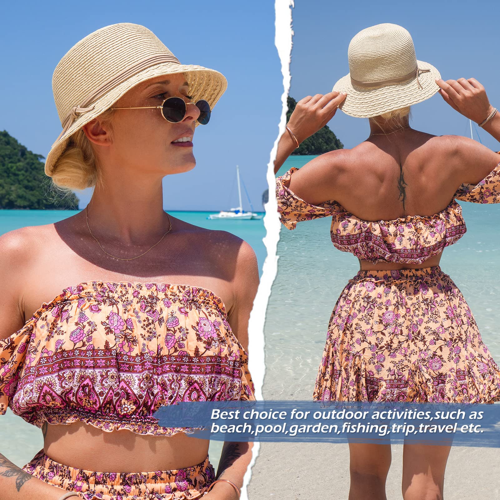Comhats Chapeau de soleil pliable pour femme - Chapeau de paille pour la plage - Protection UV - Chapeau d'été, 92567_Beige, M