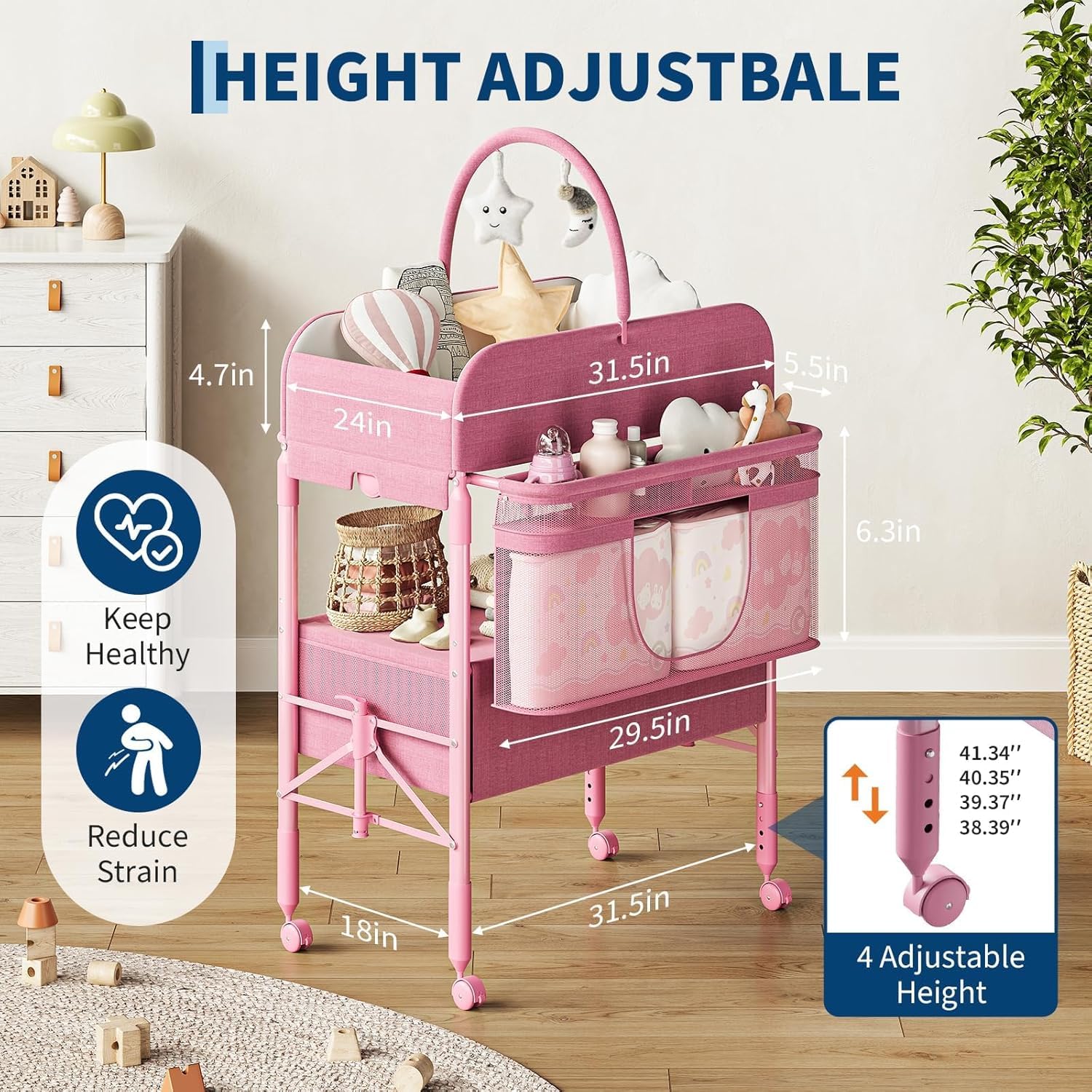 Garvee Mueble Cambiador De Bebé Multifuncional Con 2 Cajones, Mesa De Pañales Para Bebés Con Altura Ajustable y Ruedas, Estación De Cuidado Infantil Con Gran Almacenaje y Estantes