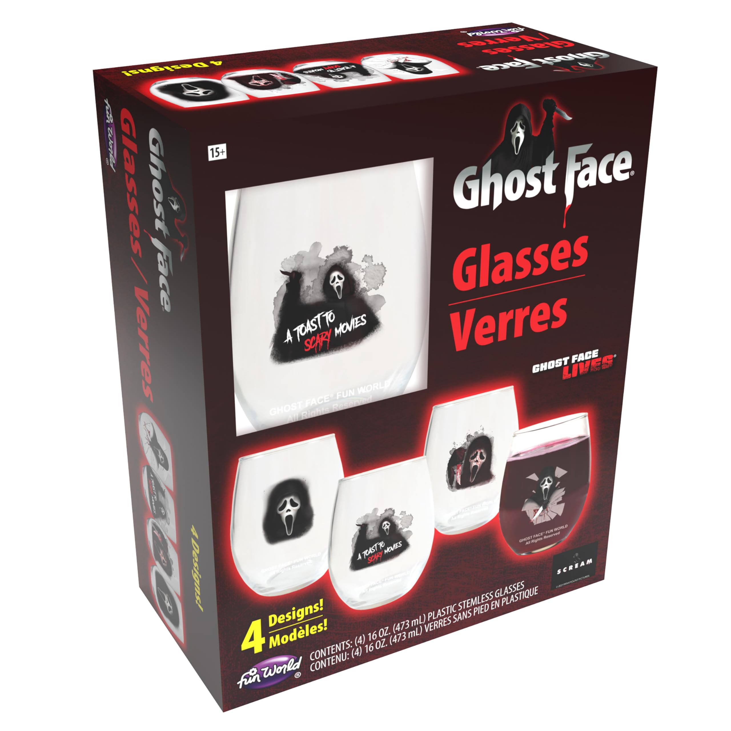 Fun World Ghost Face Wine Tumbler Set, 16 oz, Set of 4, Multi-Color