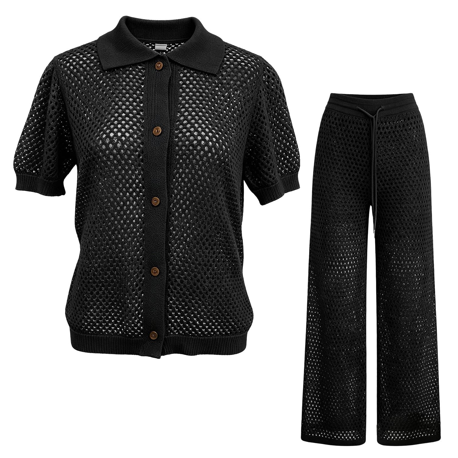 Vestito estivo da donna, tunica da spiaggia, 2 pezzi, all'uncinetto, costume da bagno traforato, top con bottoni, leggero, traspirante, pantaloni larghi urbano, elegante da spiaggia