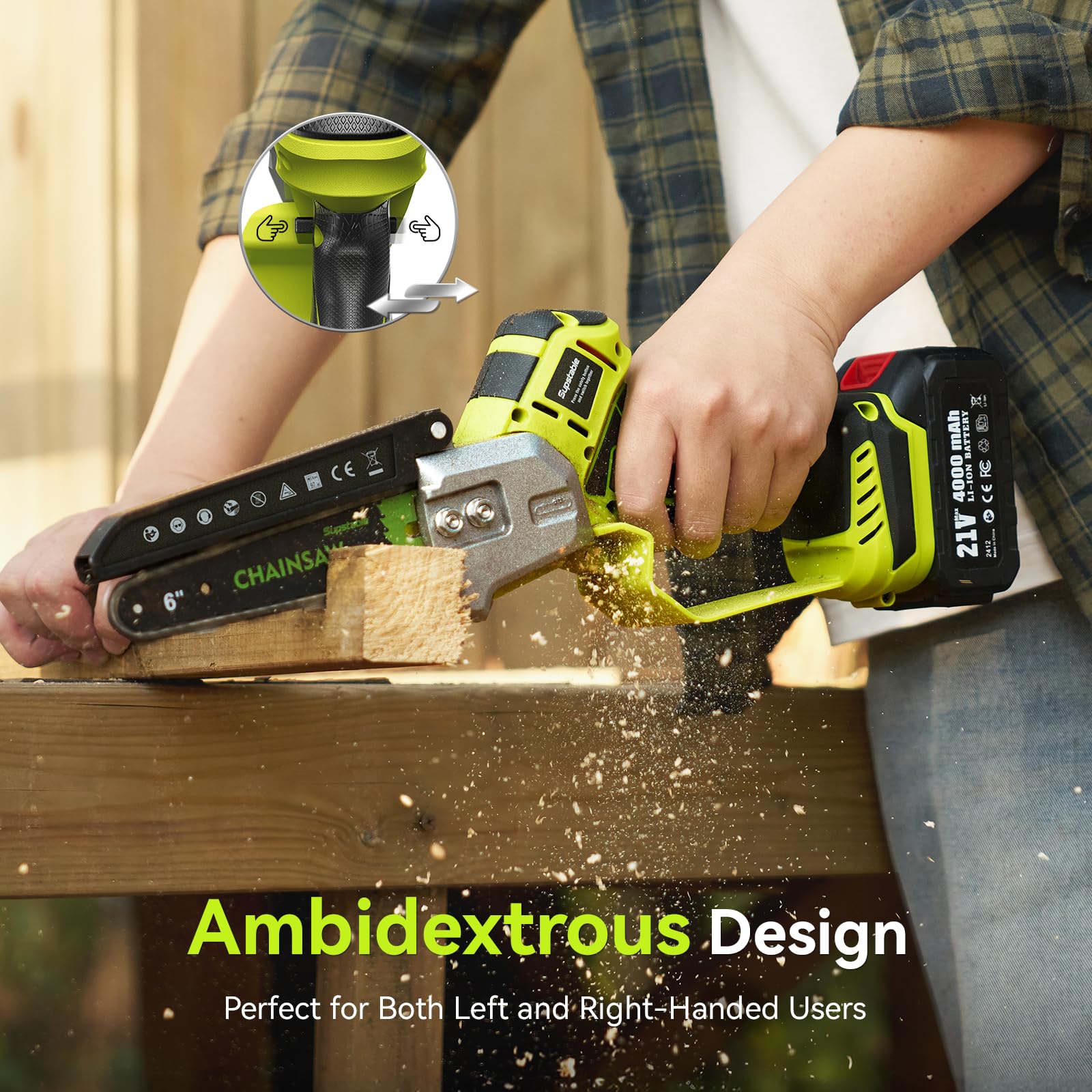 Supstable Mini Kettensäge mit Akku 6 Zoll, 8000 mAh Astsäge mit Automatischem Öler, 800W Bürstenloser Motor, 2 Akkus, 2 Ersatzketten und Ladegerät, Einhand Akkusäge für Garten & Baum