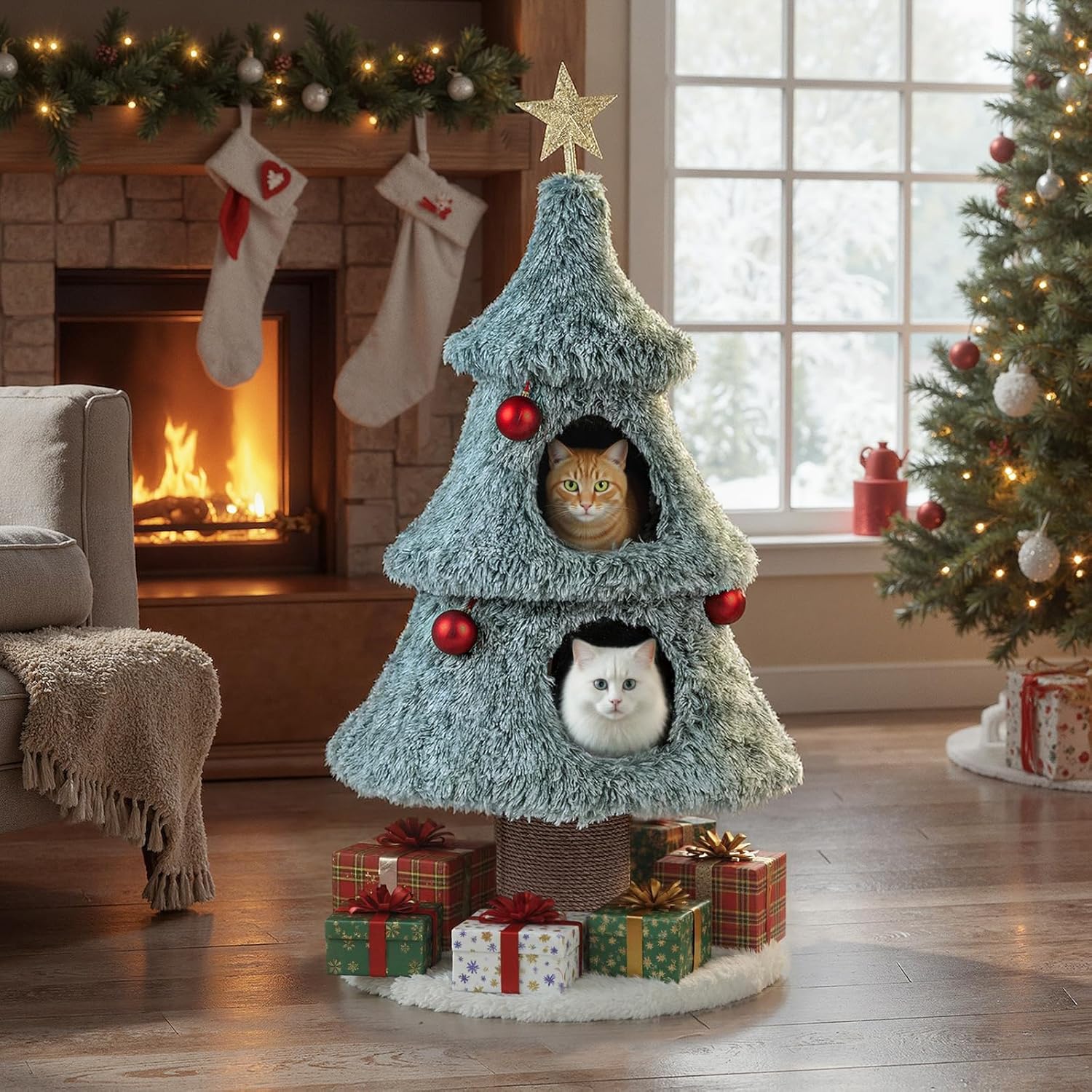 PETSITE 48.5 Inches Cat Christmas Tree, Cute Cat Tower with Scratching Post, 2 Comfy Condos and Decorative Festival Dangling Balls, Star-Shaped Ornament Sits at The Top, Soft Polar Fleece Covered