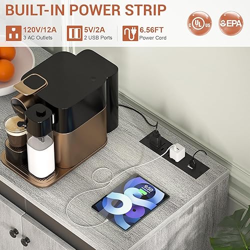 Miniatura 4 de Aheaplus Aparador de buffet con toma de corriente, armario de almacenamiento de cocina con luz LED y puertas, armario decorativo con almacenamiento