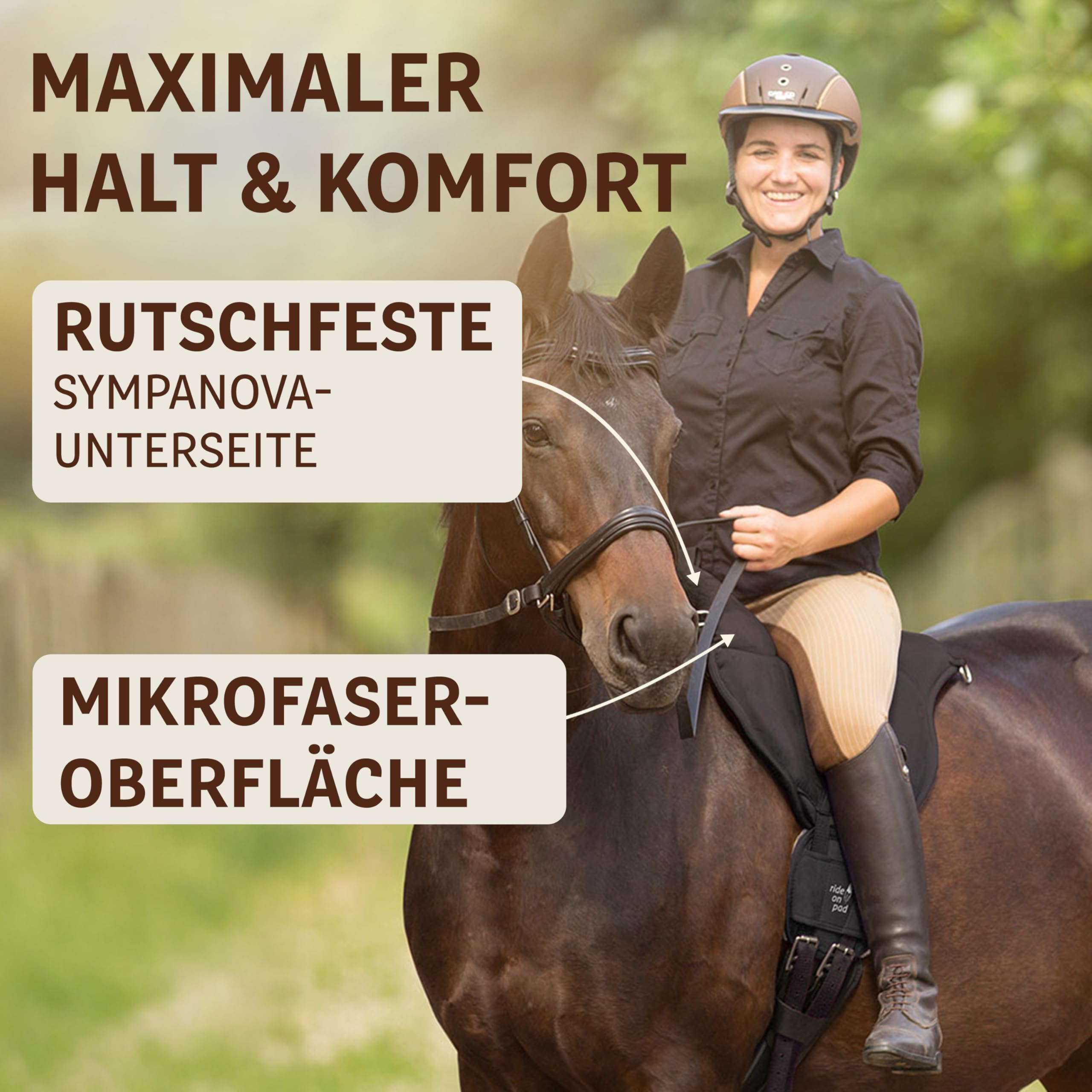 Barefoot Ride-On-Pad braun – Pferdefreundliches Reitkissen mit V-Gurtung – rutschfeste Mikrofaser-Oberfläche & Schafwoll-Patches – Größen für Erwachsene