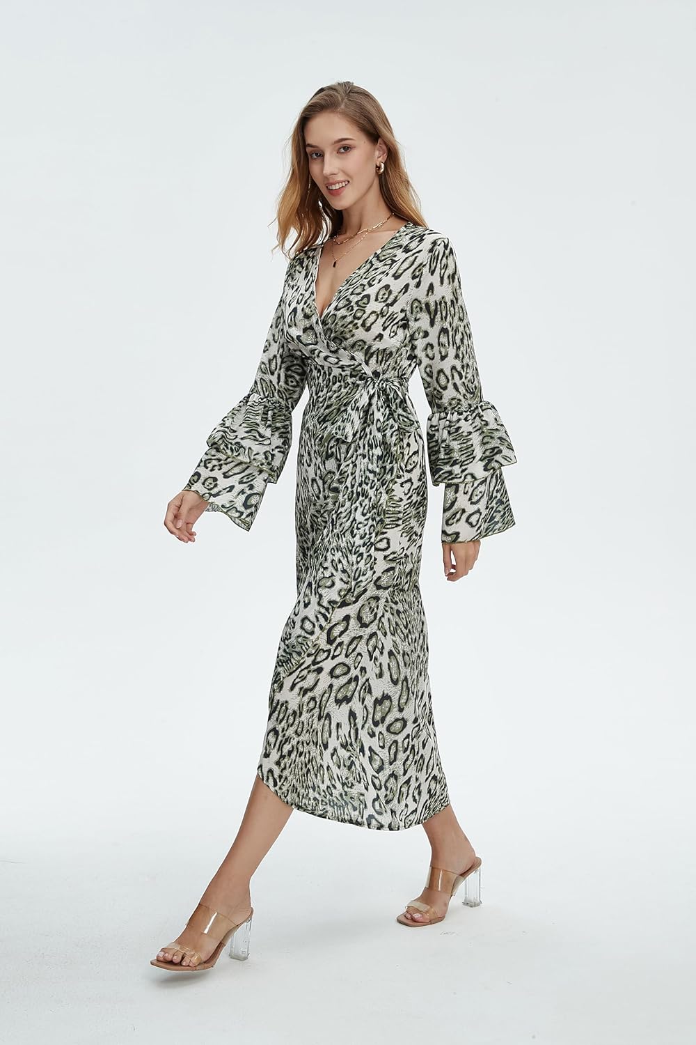 Women's Floor-Length Chiffon Dress, Casual Printed Bohemian Flared Long-Sleeved V-Neck Split Pleated Long Dress - Image 3