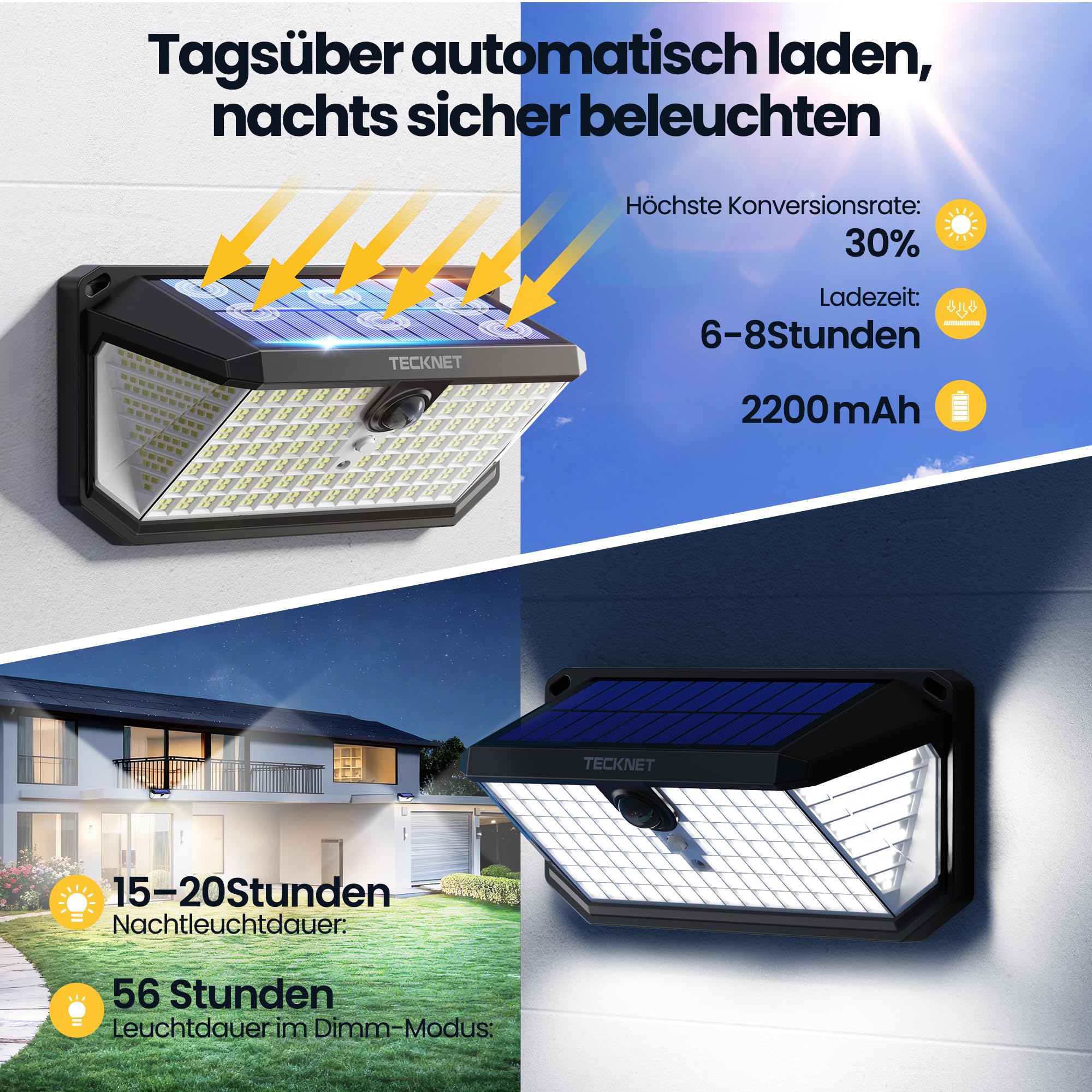 TECKNET Solarlampen für Außen mit Bewegungsmelder, 546 LEDs Lampe, 4 Stück | 300° breiter Beleuchtungswinkel, 3 einstellbare Lichtmodi, IP66 wasserdicht für Garten, Garage und Haustür
