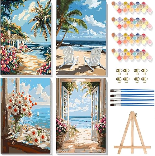 Paquete de 4 pinturas enmarcadas por números para adultos con caballete de madera, kits de pintura por números para adultos sobre lienzo