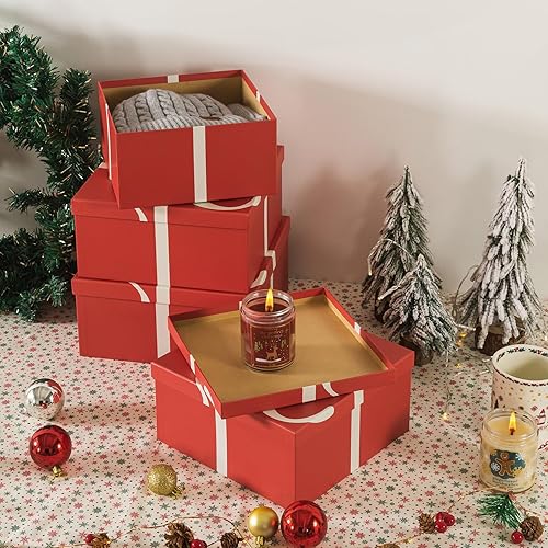 Miniatura 5 de Soul & Lane Cajas decorativas cuadradas de Navidad con tapas, juego de 4 unidades, color rojo festivo, cajas de regalo reutilizables grandes para