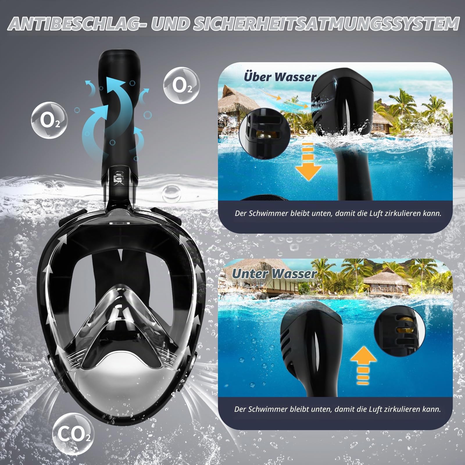 Joellfuner Schnorchelset Erwachsene mit Flossen, Tauchmaske Vollgesichtsmske, Kein Beschlagen, 180° Sichtfeld und Kamerahaltung, Einstellbar Flossen mit Etui, für Schnorcheln Tauchen