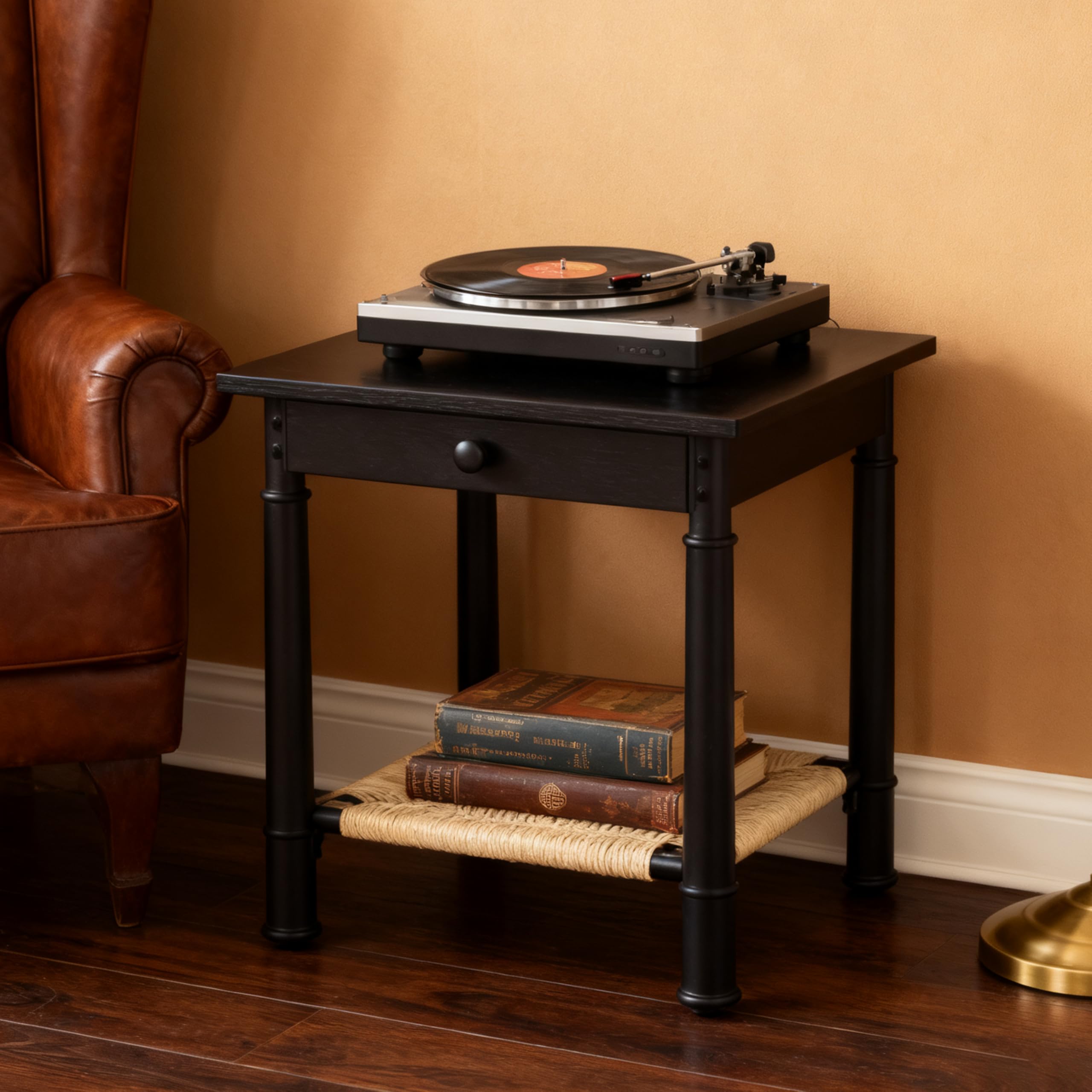 Kmax Black Nightstand with Drawer, 18" Small Square Side Table Coastal Light Wood Bed Side Table with Rattan Storage Shelf Boho Rope Woven End Tables