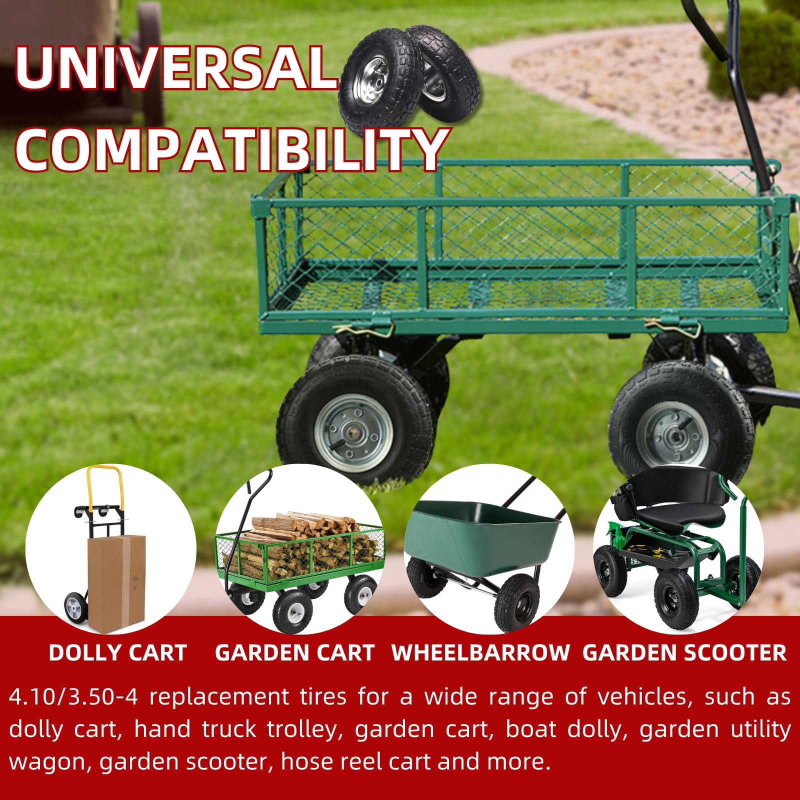 Pneumatici di ricambio da 10" e ruota da 4.10/3.50-4", pneumatici da 10 pollici per carrello Gorilla, Dolly, vagone da giardino con foro da 5/8" per l'asse-cuscinetti doppio sigillati (2 pacchetti)