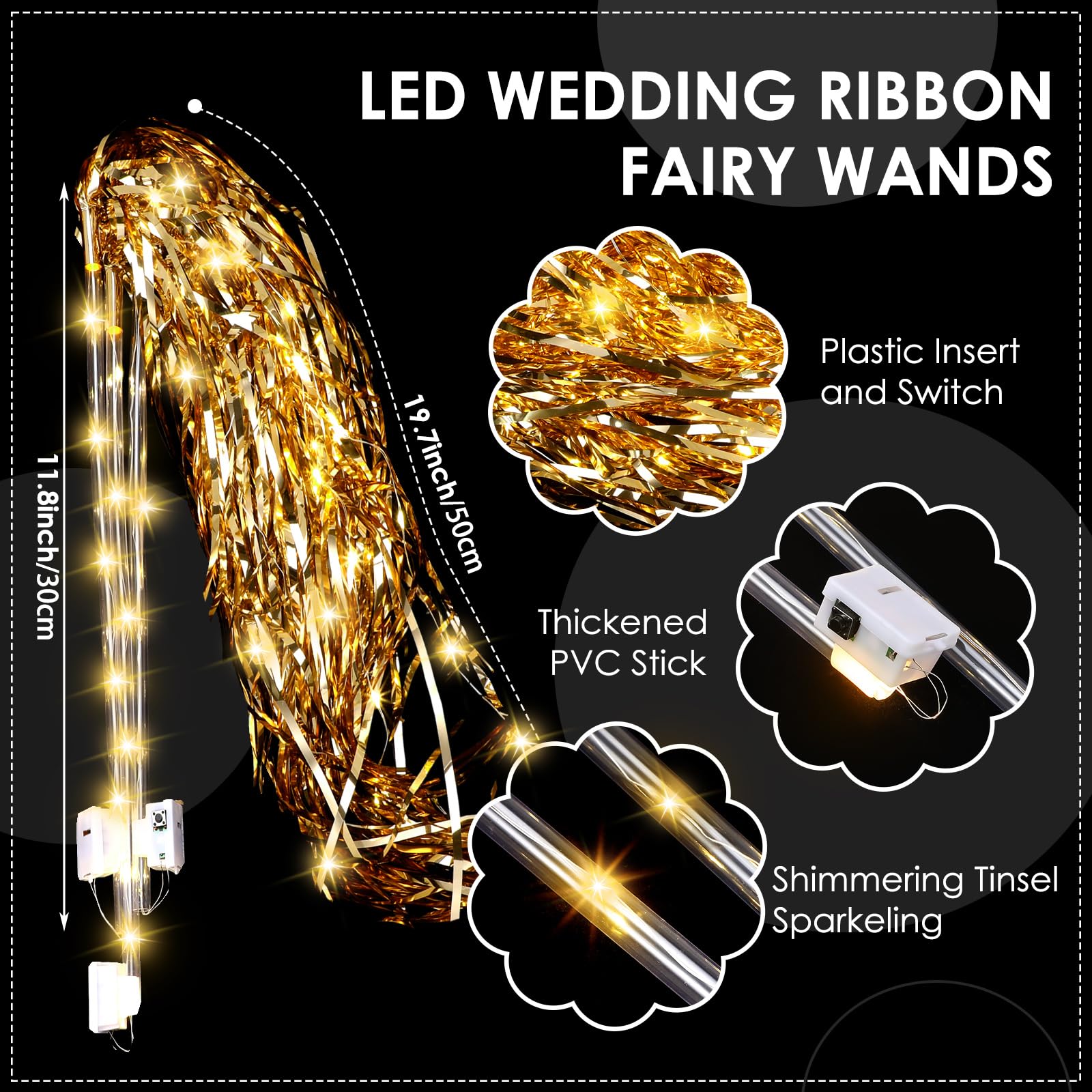 Simgoing 48 varitas de hadas iluminadas para boda, palitos de oropel de aluminio con luz LED, que brillan en la oscuridad, varitas intermitentes para fiestas de cumpleaños (dorado)