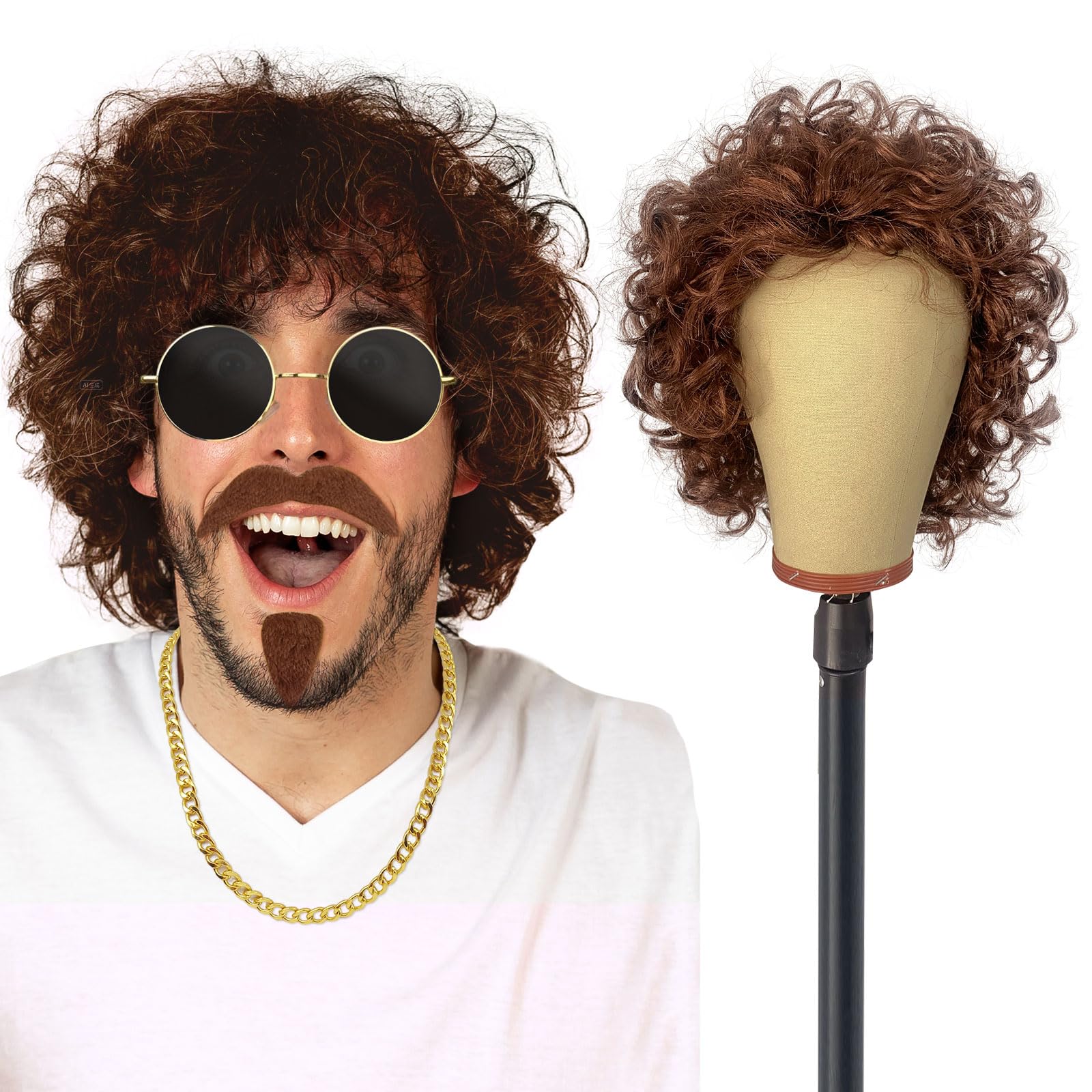 UILYNIU Brown Curly Wig Men with Moustache Sunglasses and Necklaces