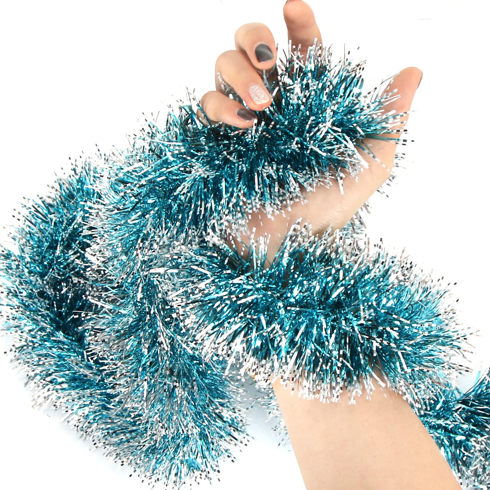 Aurasky Guirnalda Navidad Azul Claro y Turquesa - Espumillón 10m, Brillante Metálica para Árbol - Oropel Decoración