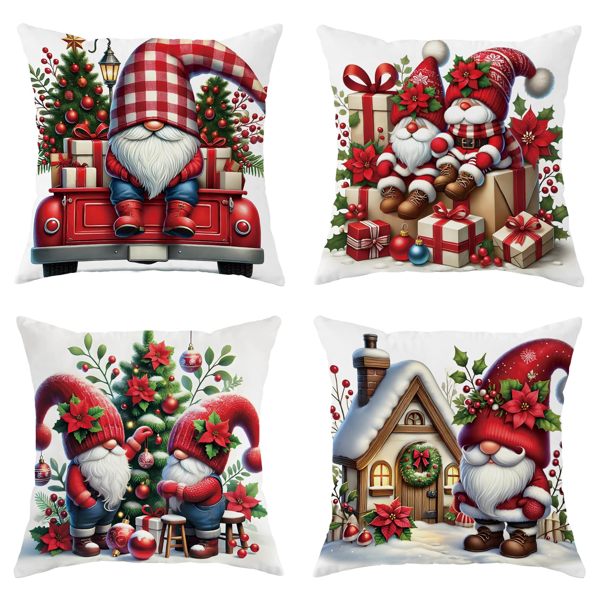 Christmas Gnome Pillow Covers Set of 4, Red Holiday Decorative Throw Pillow Cases, Festive Seasonal Farmhouse Home Decor for Couch Sofa Bed 18x18 Inch