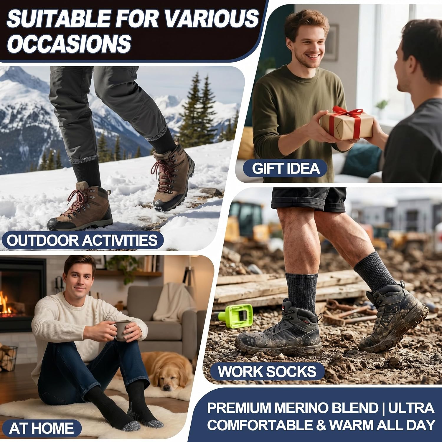 MOGGEI Mens Merino Wool Socks Thermal Warm Thick Winter Heavy Soft Cozy Crew Socks for Hiking & Work 4 Pairs