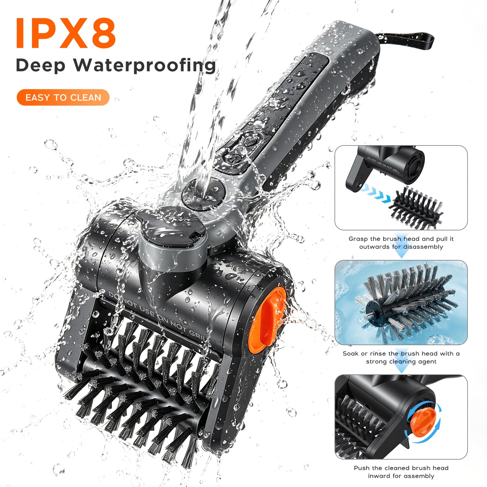 Brosse Electrique Barbecue 100W avec Flacon Pulvérisateur – Rechargeable 7,4V, 2 Vitesses, 90 Min d'Autonomie, IPX8 Étanche – Brosse Nettoyage Electrique pour Grille avec Caisse à Outils