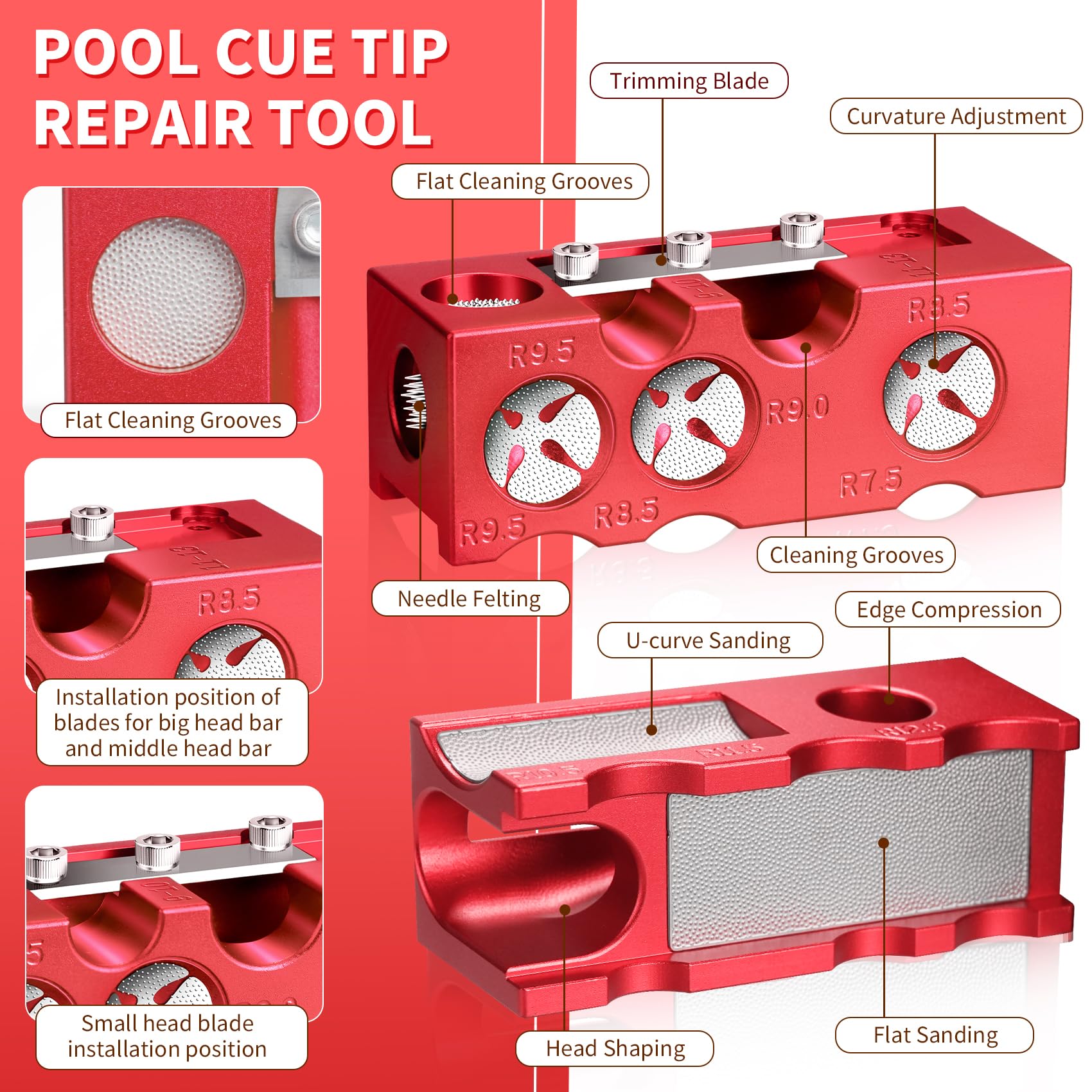 Foleto 11-in-1-Pool-Queue-Spitzen-Former, professionelles Queue-Stick-Werkzeug-Set für Billard-Enthusiasten, Pool-Queue-Former, Zubehör für Ersatz und Formen von Queue-Spitzen