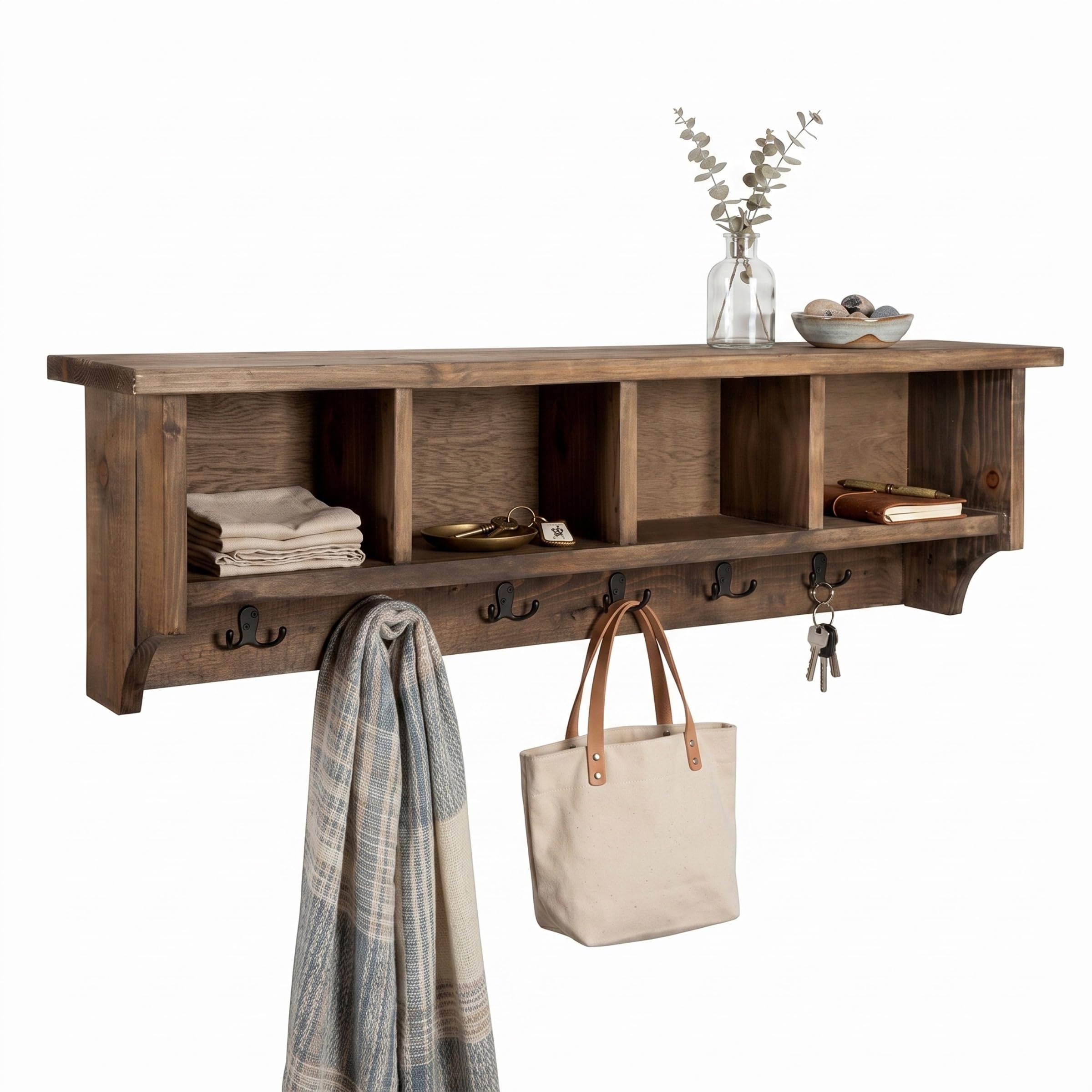 Pomona Solid Wood Entryway Coat Rack with Cubbies, Rustic Brown, 48 Inch