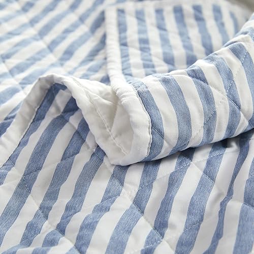 Miniatura 5 de SHALALA - Edredón de acero azul Queen colcha suave con 2 almohadas decorativas juego de ropa de cama a rayas azules y blancas para todas las